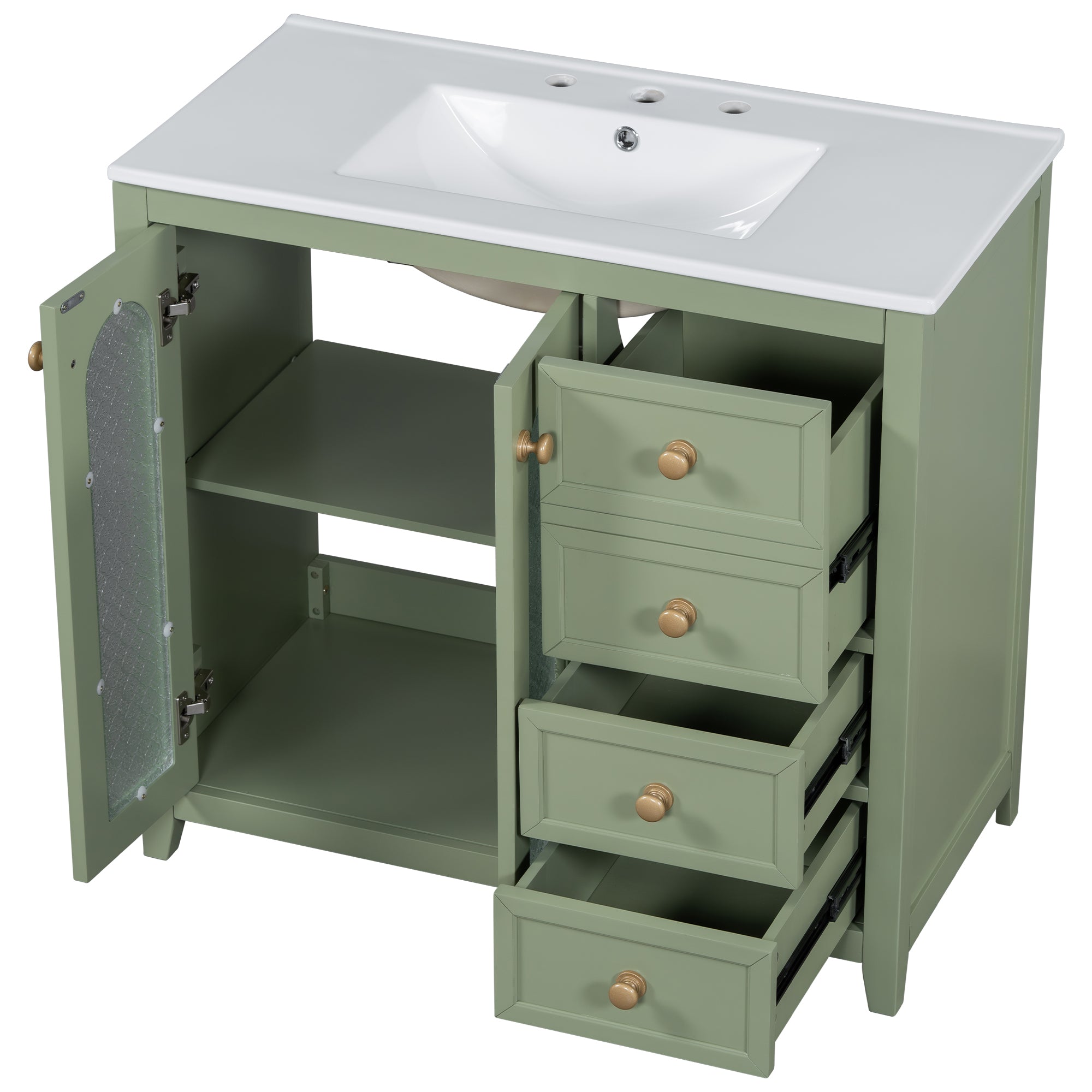36-inch bathroom vanity with two soft close doors, adjustable shelves and three drawers