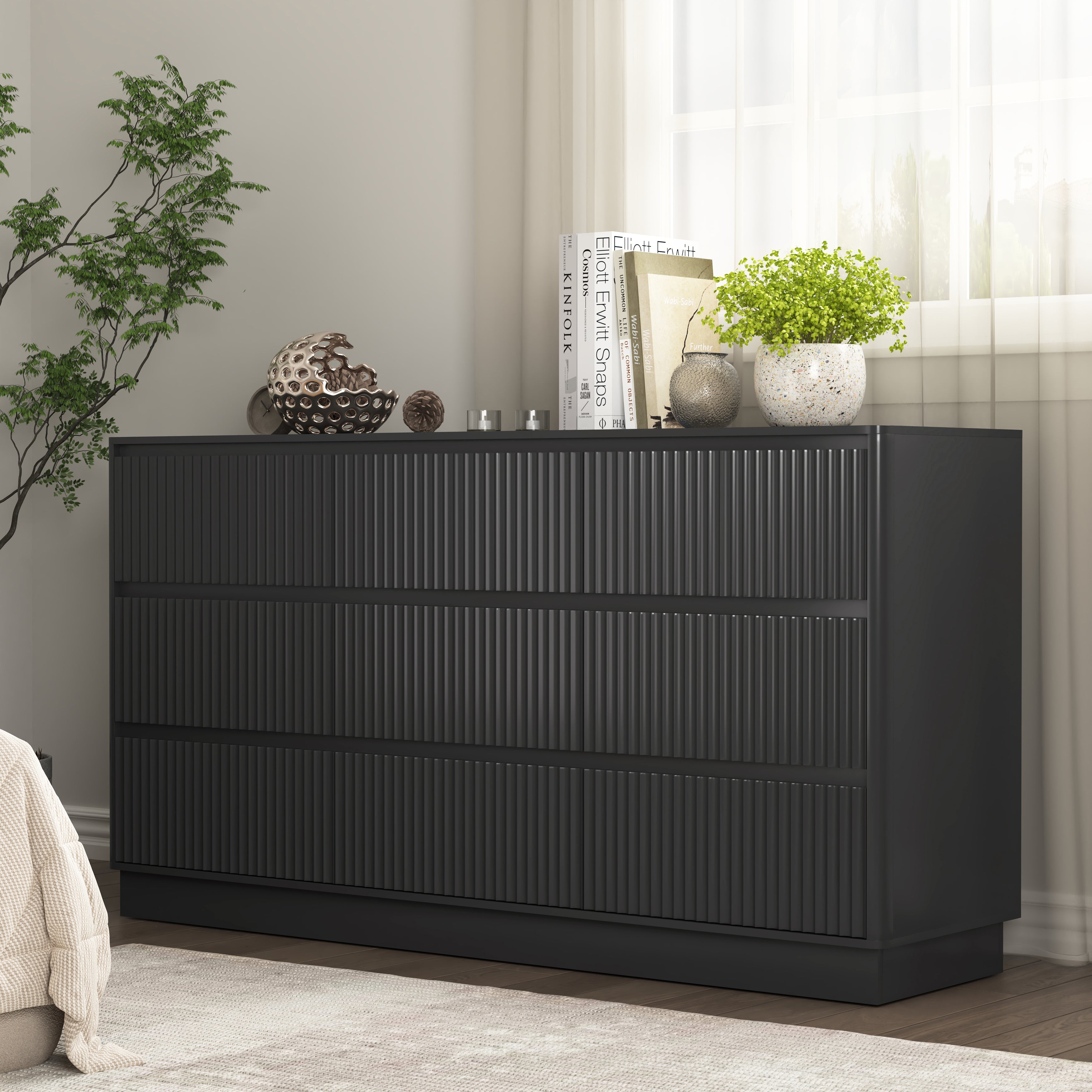 Mid-century modern black wood dresser TV stand, room setting