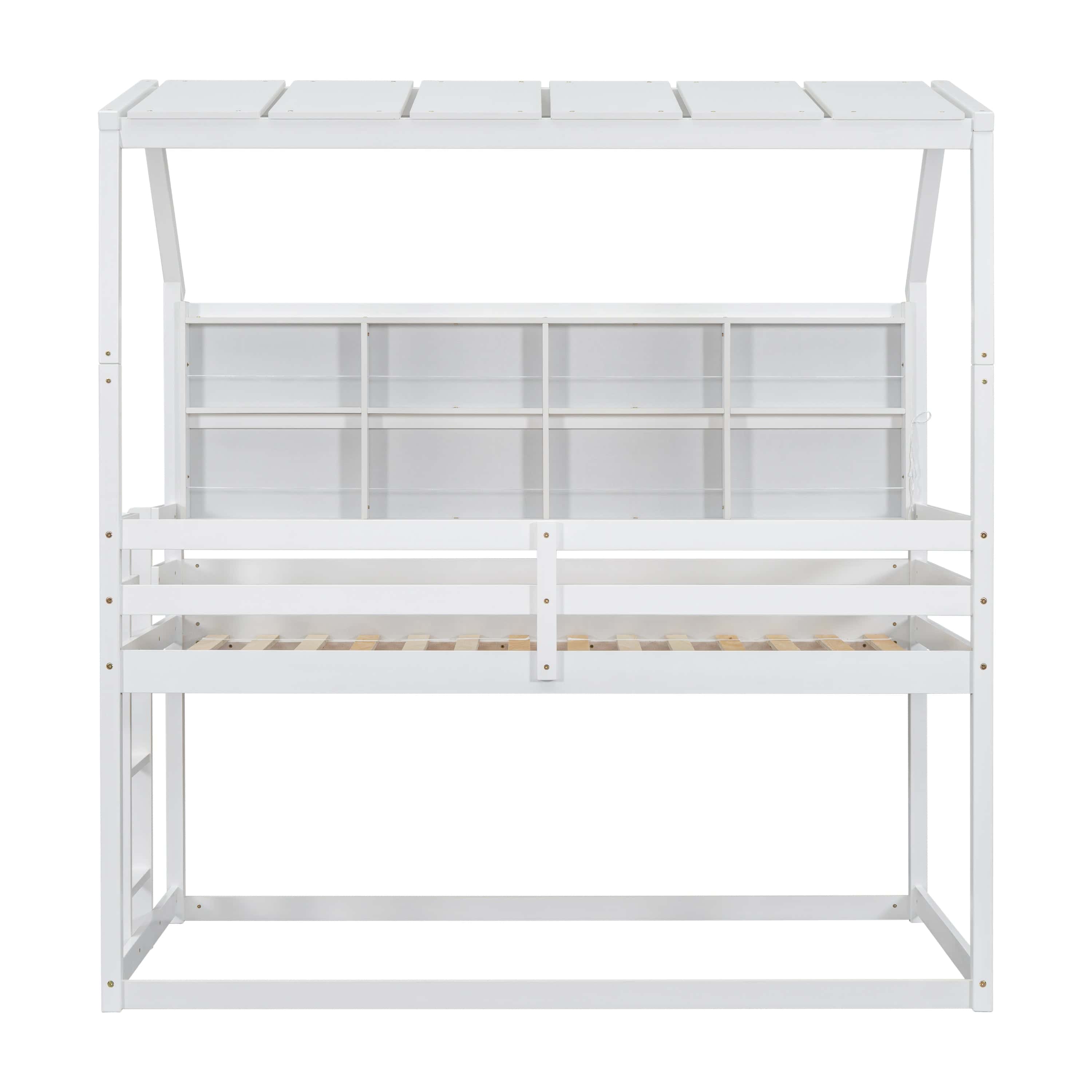 Twin Over Twin Low Bunk Bed with House Semi-enclosed Roof,Guardrails, Bedside Shelves and Ladder, White