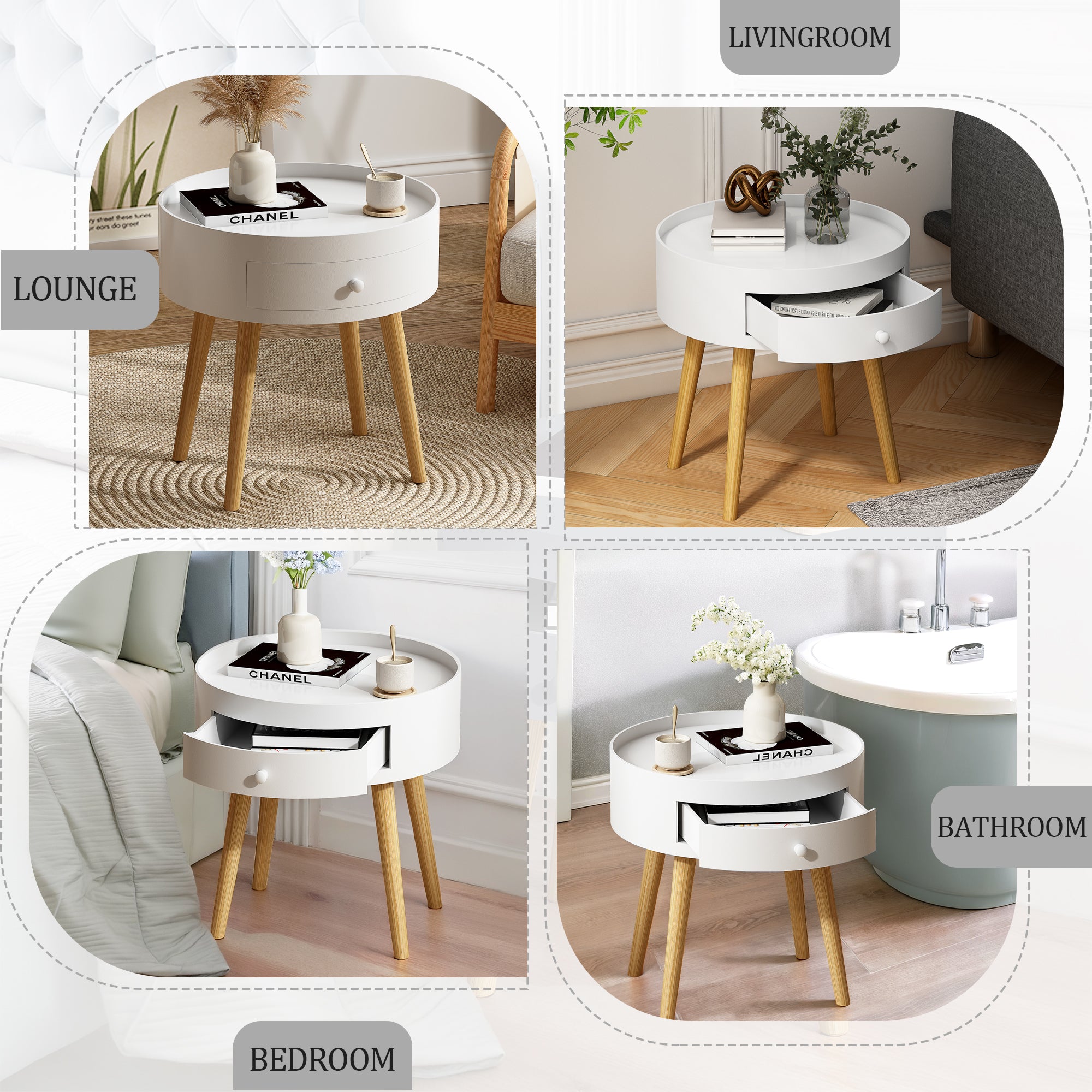 White bedside table with oak legs styled in bedroom, lifestyle view