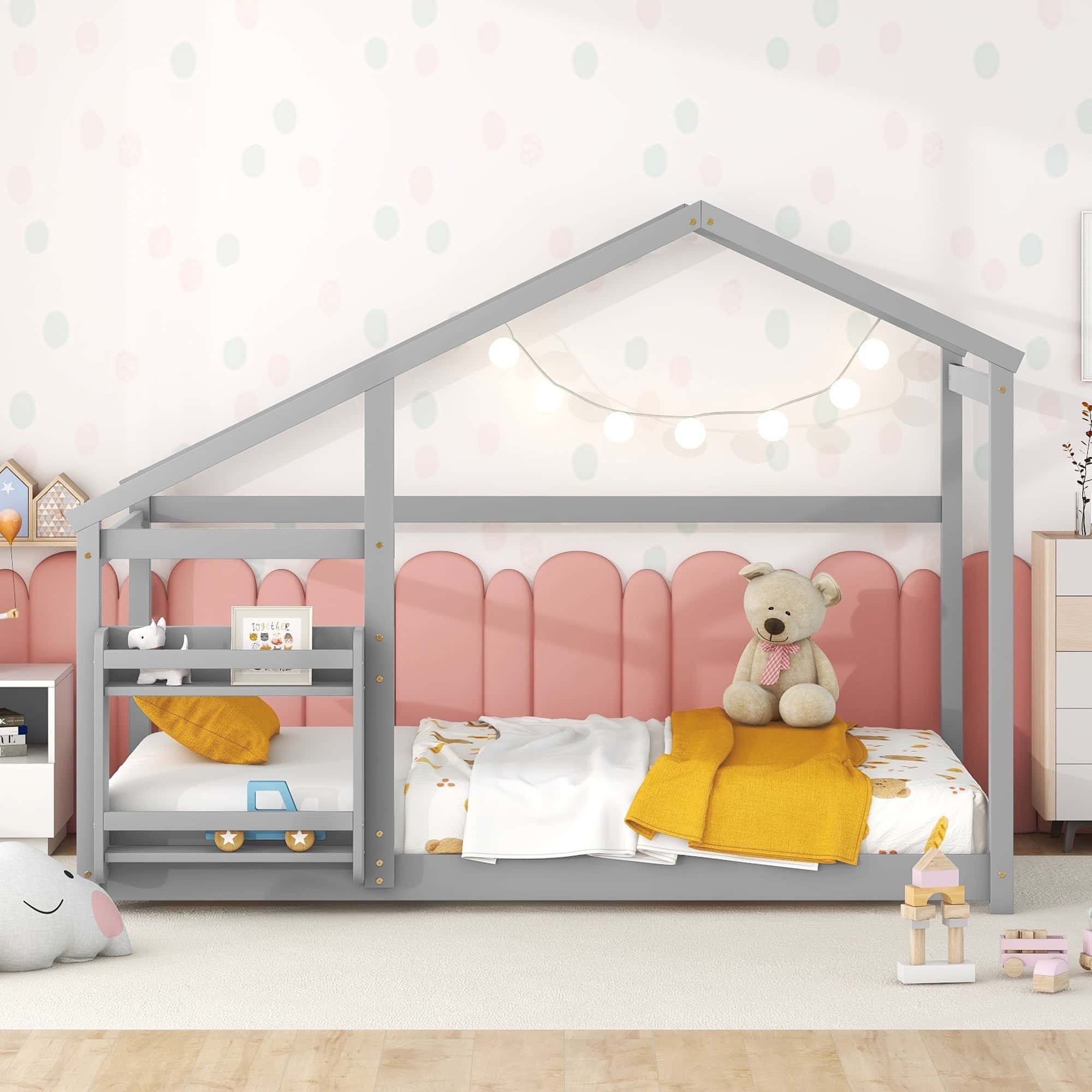 Twin Size Wooden House Bed, Twin Floor Wooden Bed with Shelf, No Box Spring Needed,  Gray Color, Twin bed