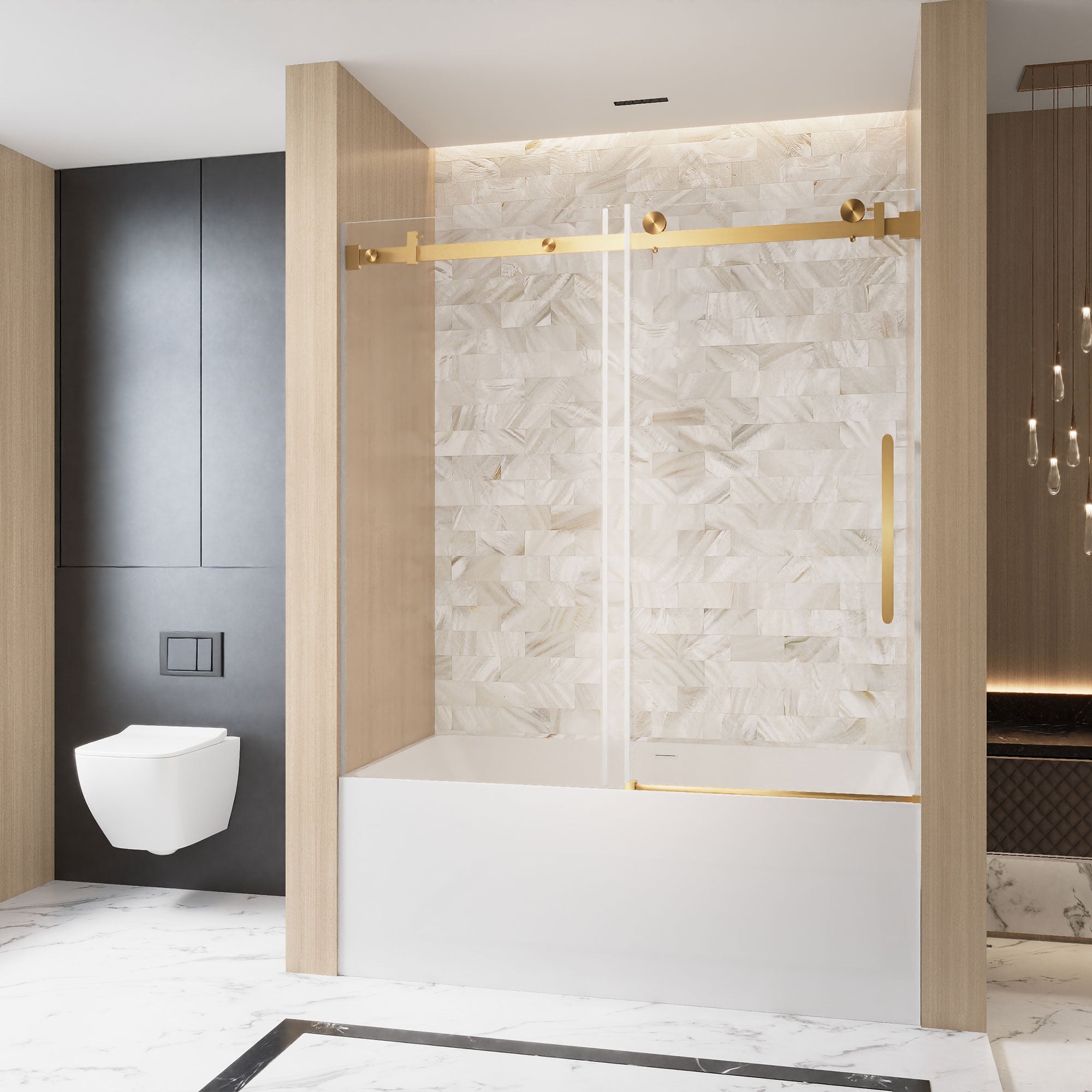 56-60 x 60 in Frameless Single Sliding Square-Tube Tub Door - 56-60 x 60 in / Brushed Gold / Square Tube view 3