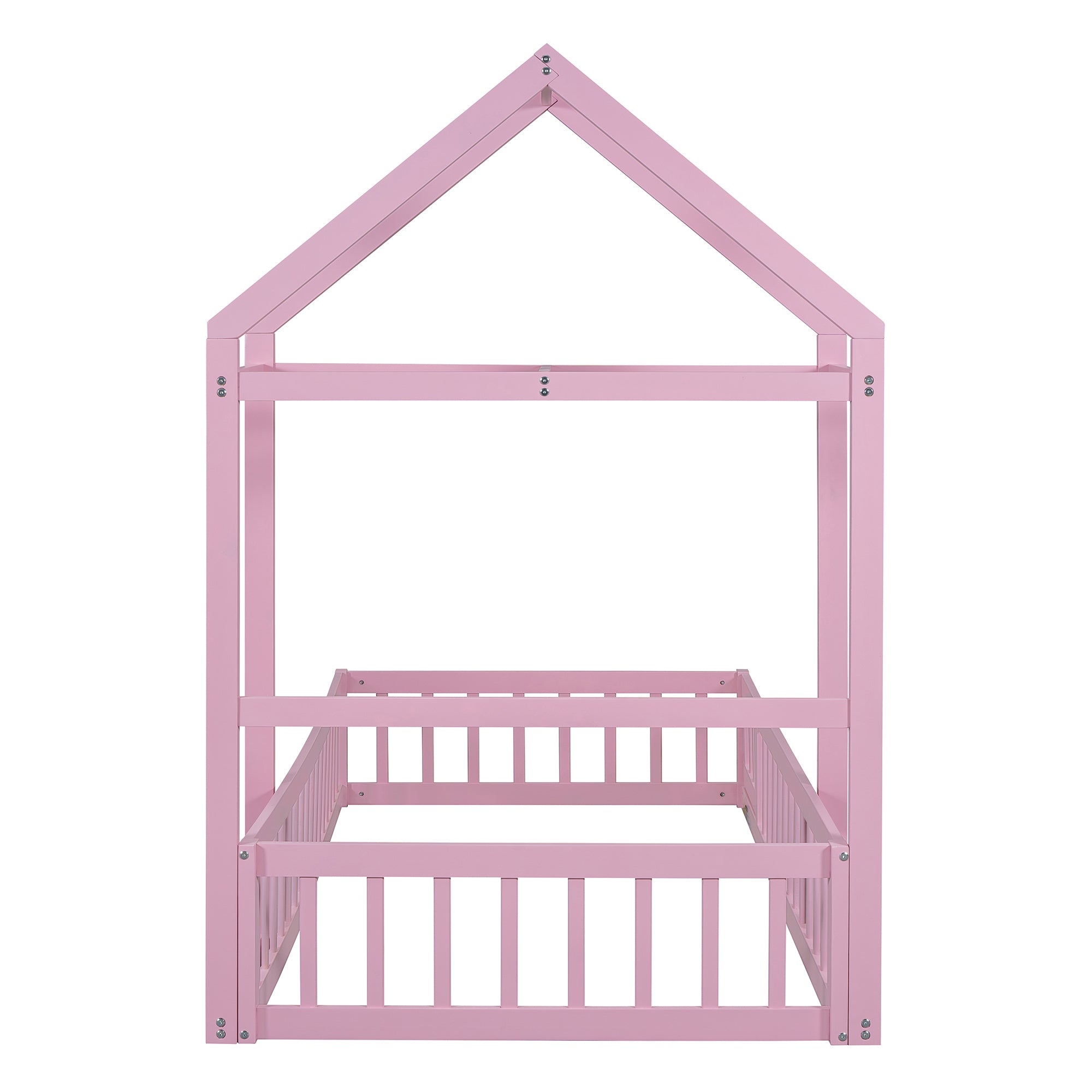 Wooden Floor Bed with Fence Railings and Detachable House Shape Headboard, Twin Size Bed with Kids Dress Up Rack, Kids Montessori Style Playhouse Frame for Girls Boys, Pink