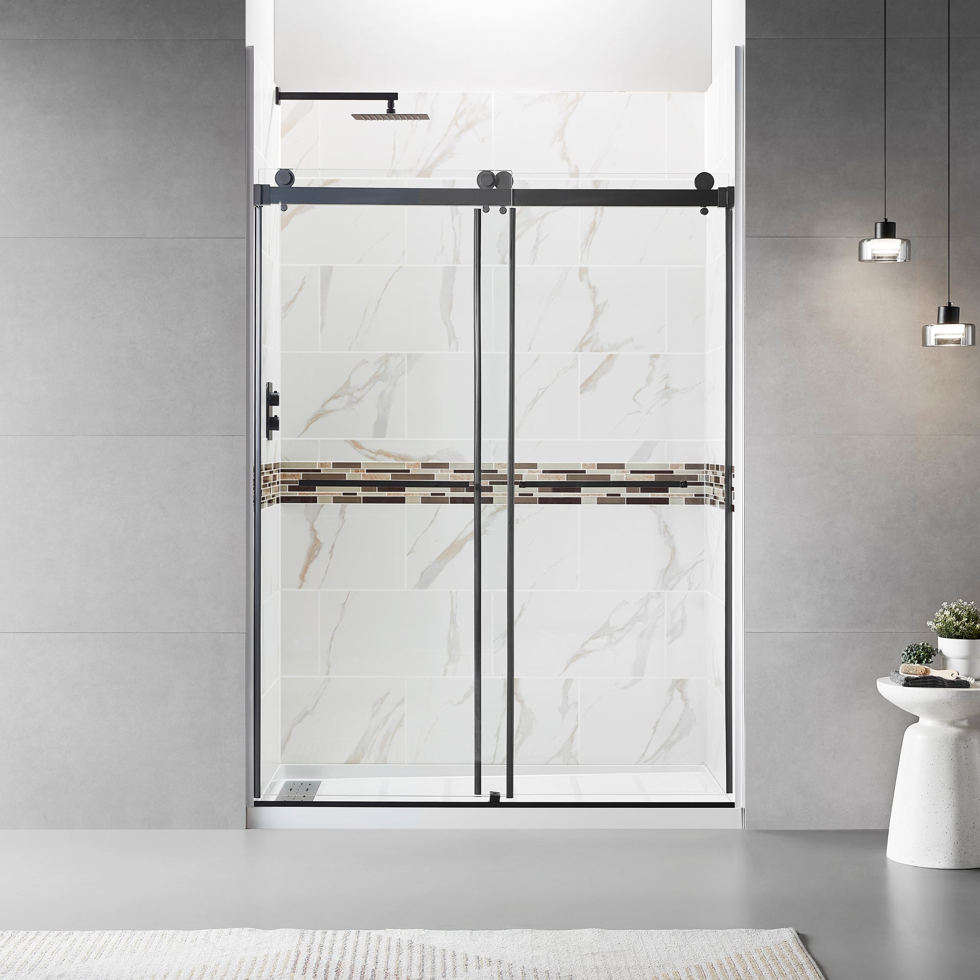 56" - 60"W x 76"H Frameless Double Sliding Shower Door, 3/8"(10mm) Clear Tempered Glass, Glass Door For Bathroom, Matte Black Finish