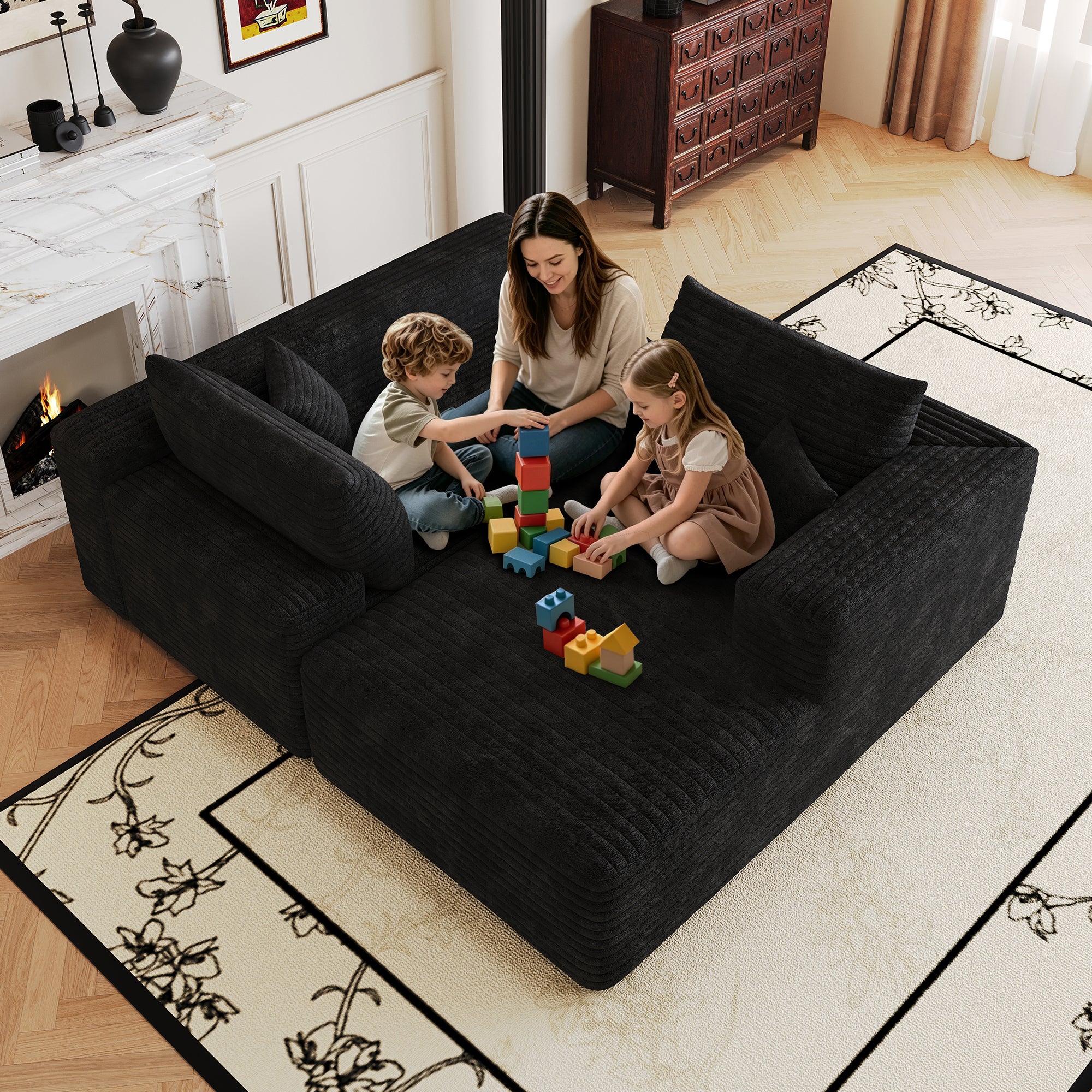 Black plush corduroy sectional sofa in modern minimalist living room
