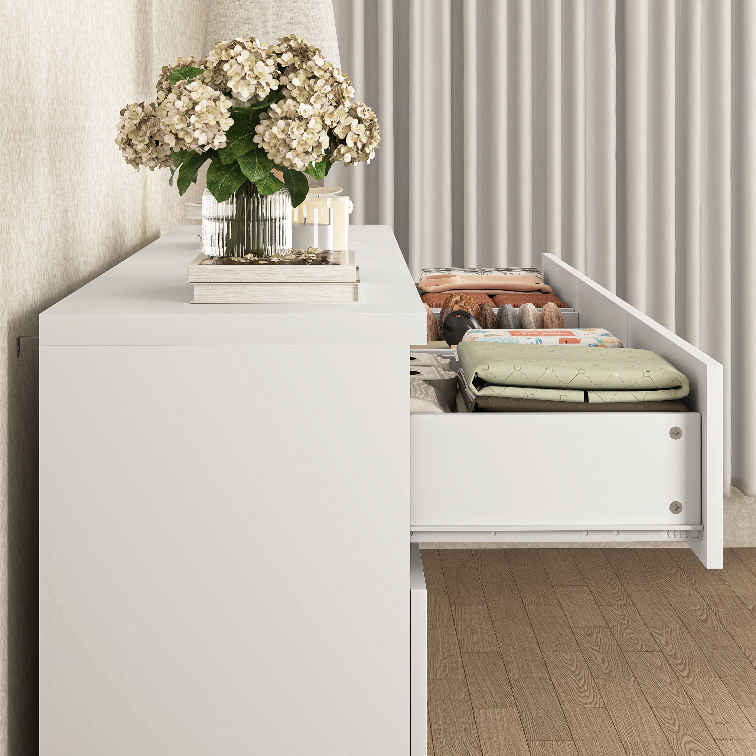 White wood double dresser styled in a bedroom setting