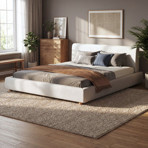 White boucle upholstered king platform bed, full front view with headboard