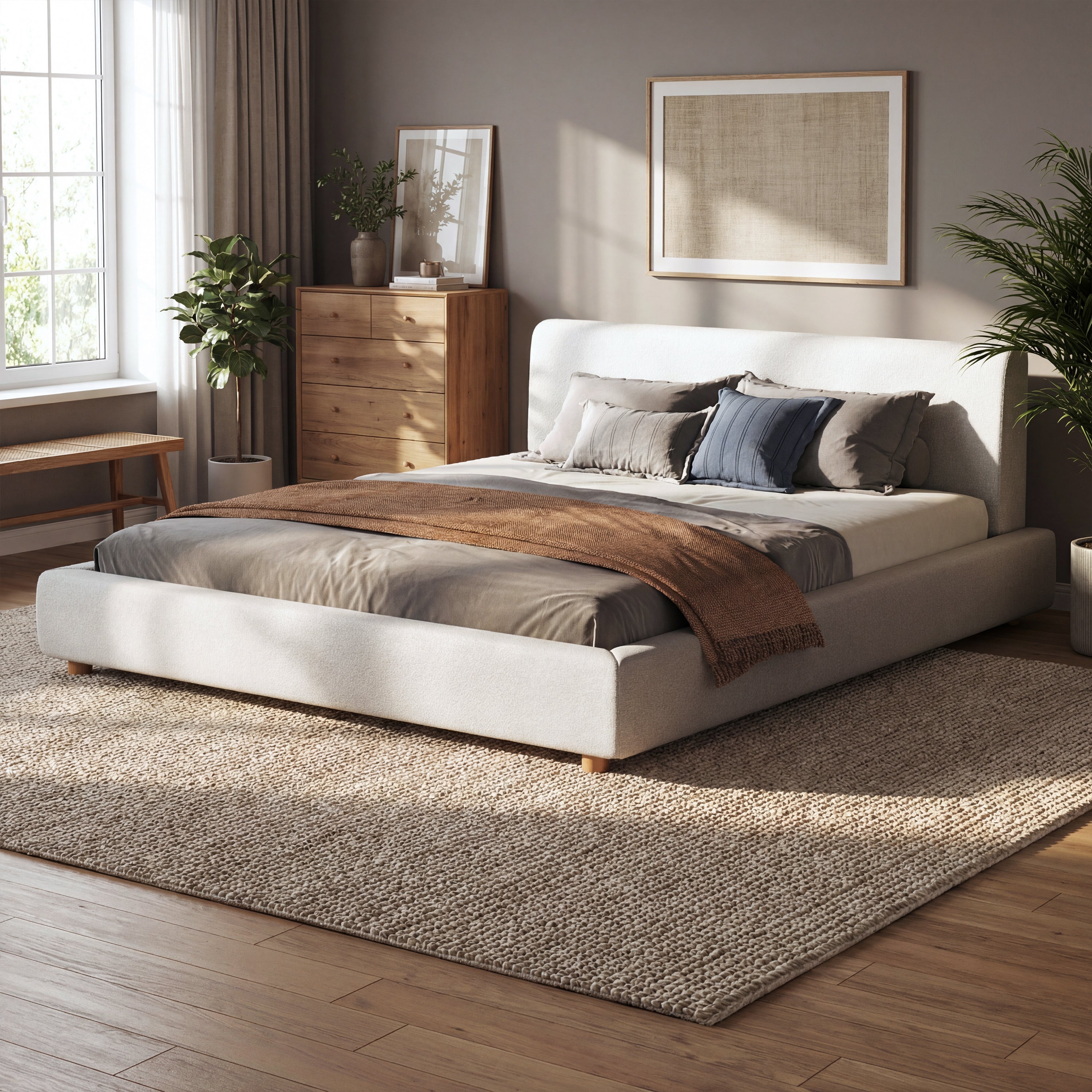 White boucle upholstered king platform bed, full front view with headboard