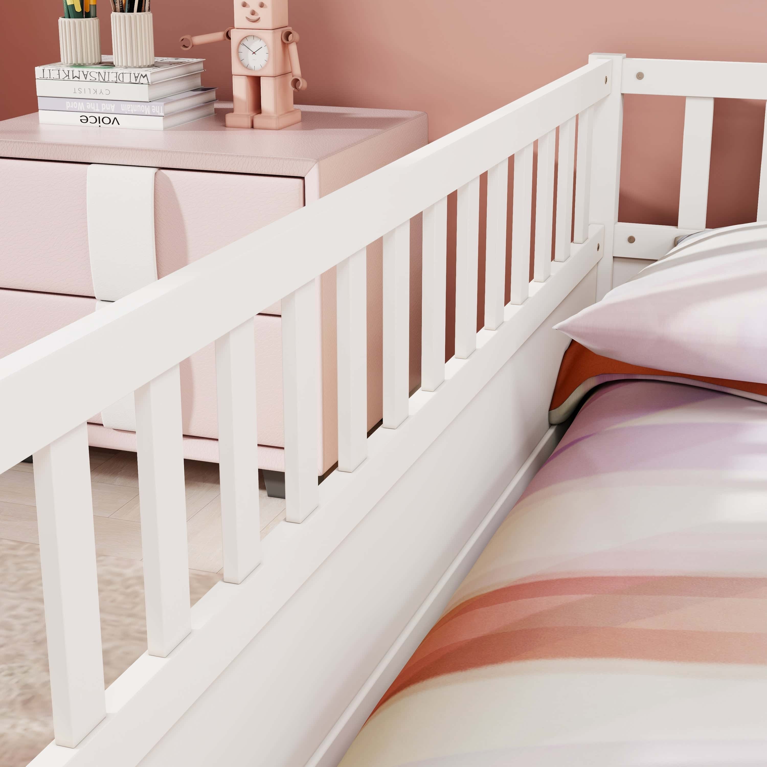 Full size Floor bed, integral construction with super high security barrier, door, children's floor bed frame, Montessori wooden children's floor bed, white