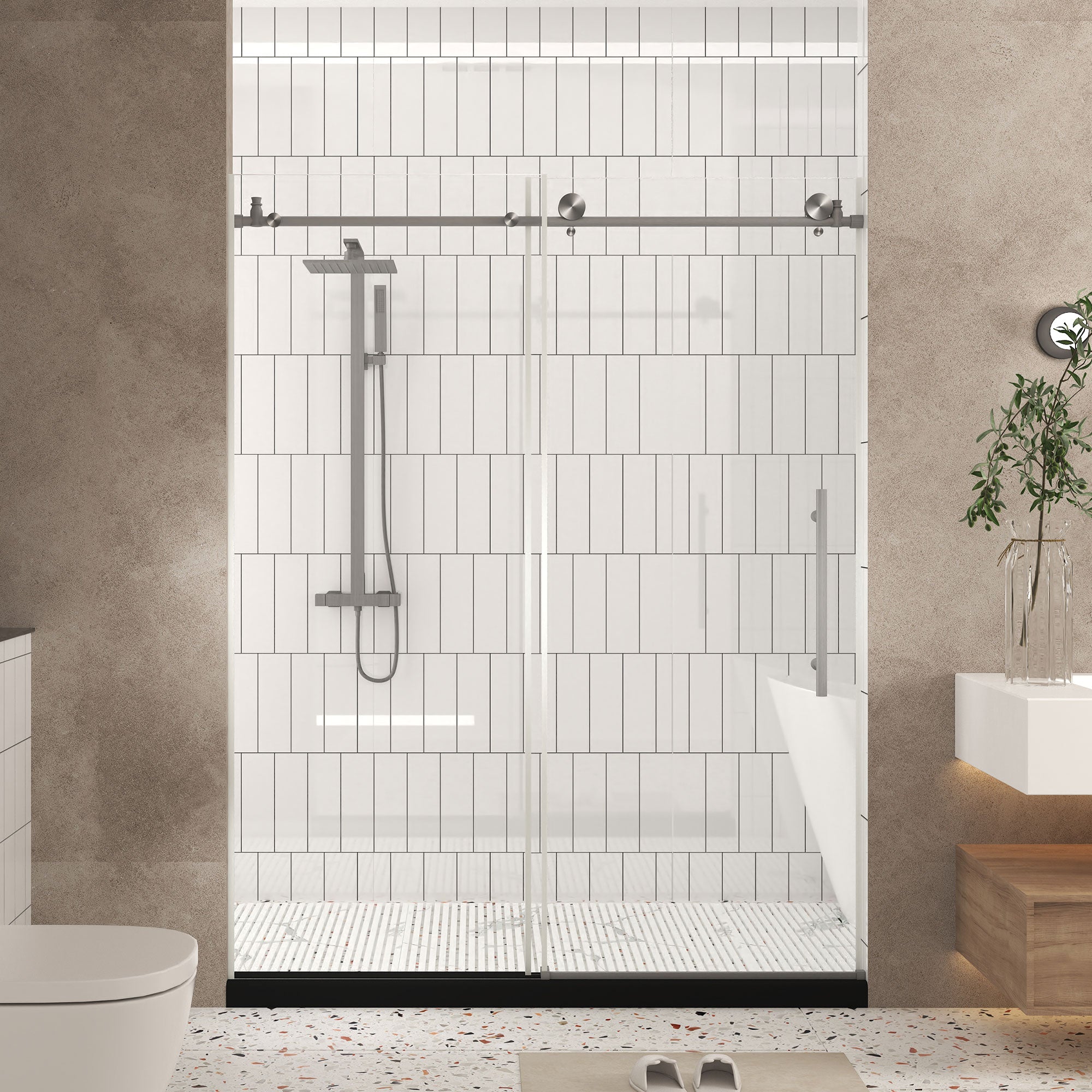 Frameless shower door 56-60 inch brushed nickel front view