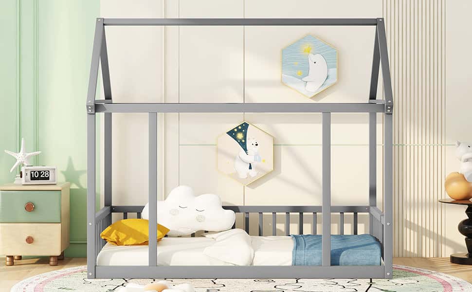 Twin Size Floor Wooden Bed with House Roof Frame and Safety Guardrails ,Gray