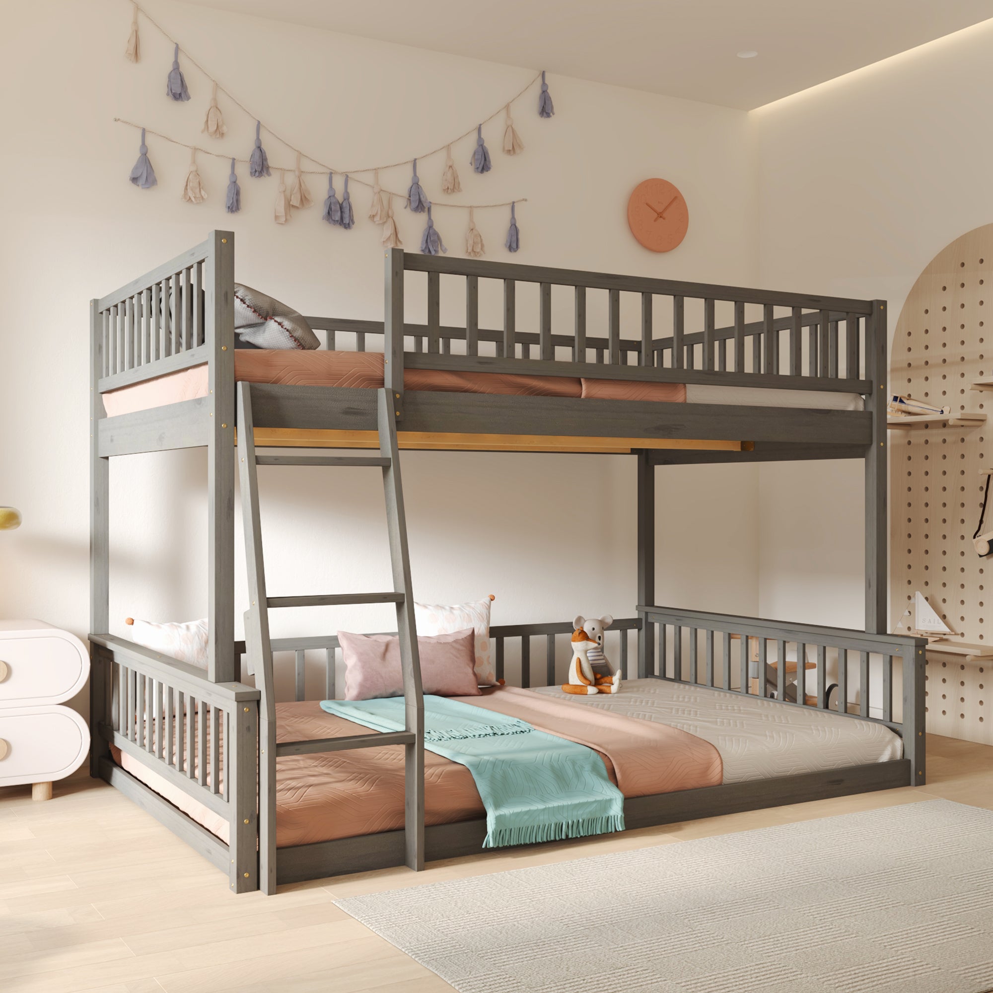 Gray bunk bed top Full XL guardrails detail view