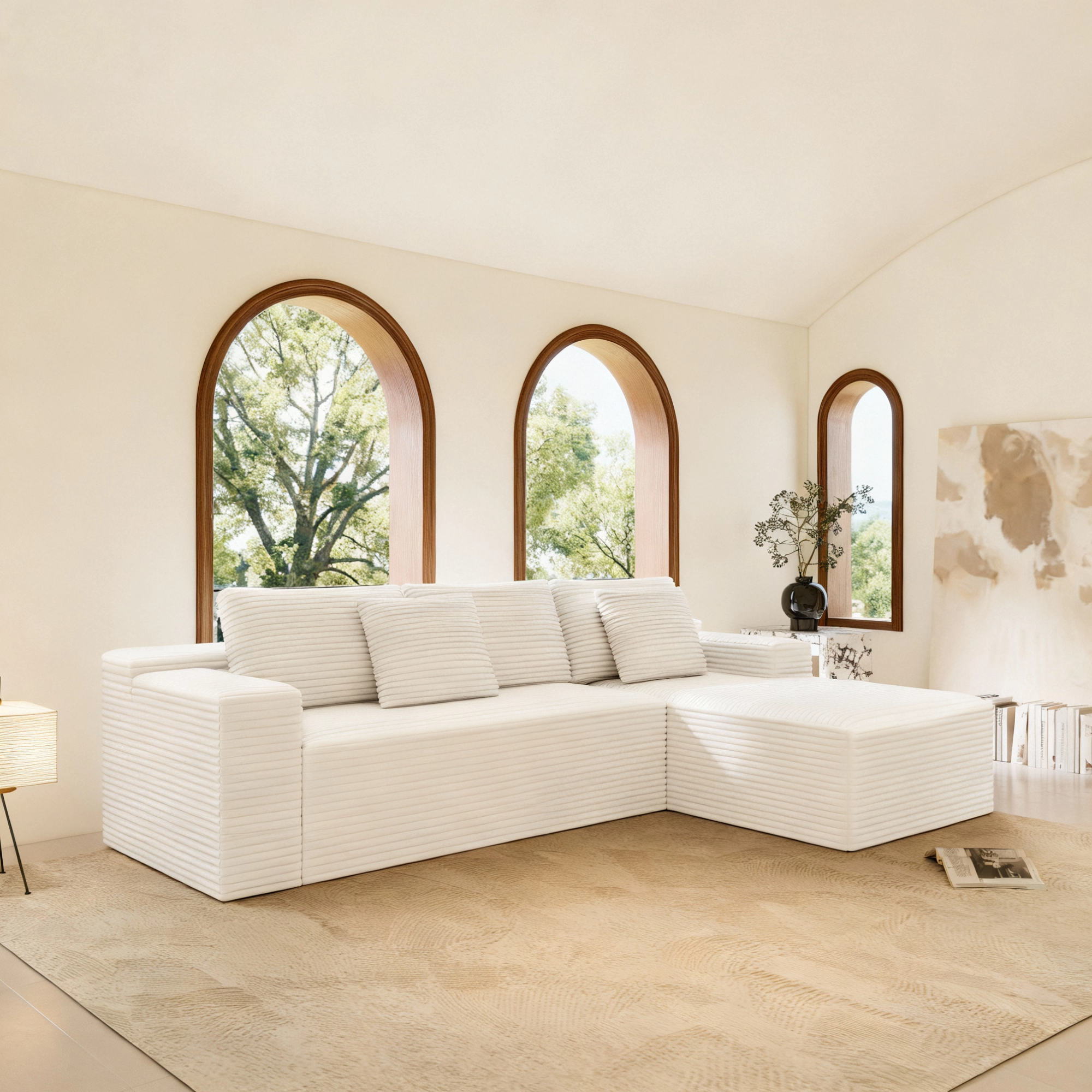 White corduroy modular sectional sofa angled view