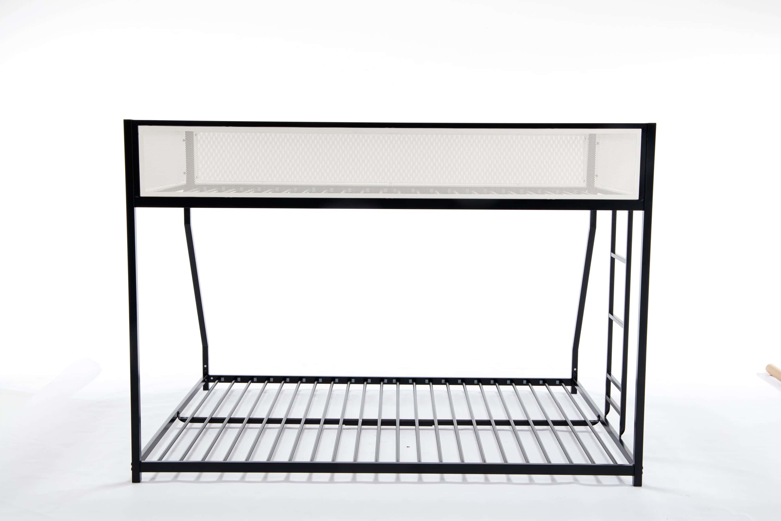 Adam Twin Full Bunk Black with White Mesh Guard Rail for Kids and Adult, Low Profile and Easy Climbing with Stable Ladder