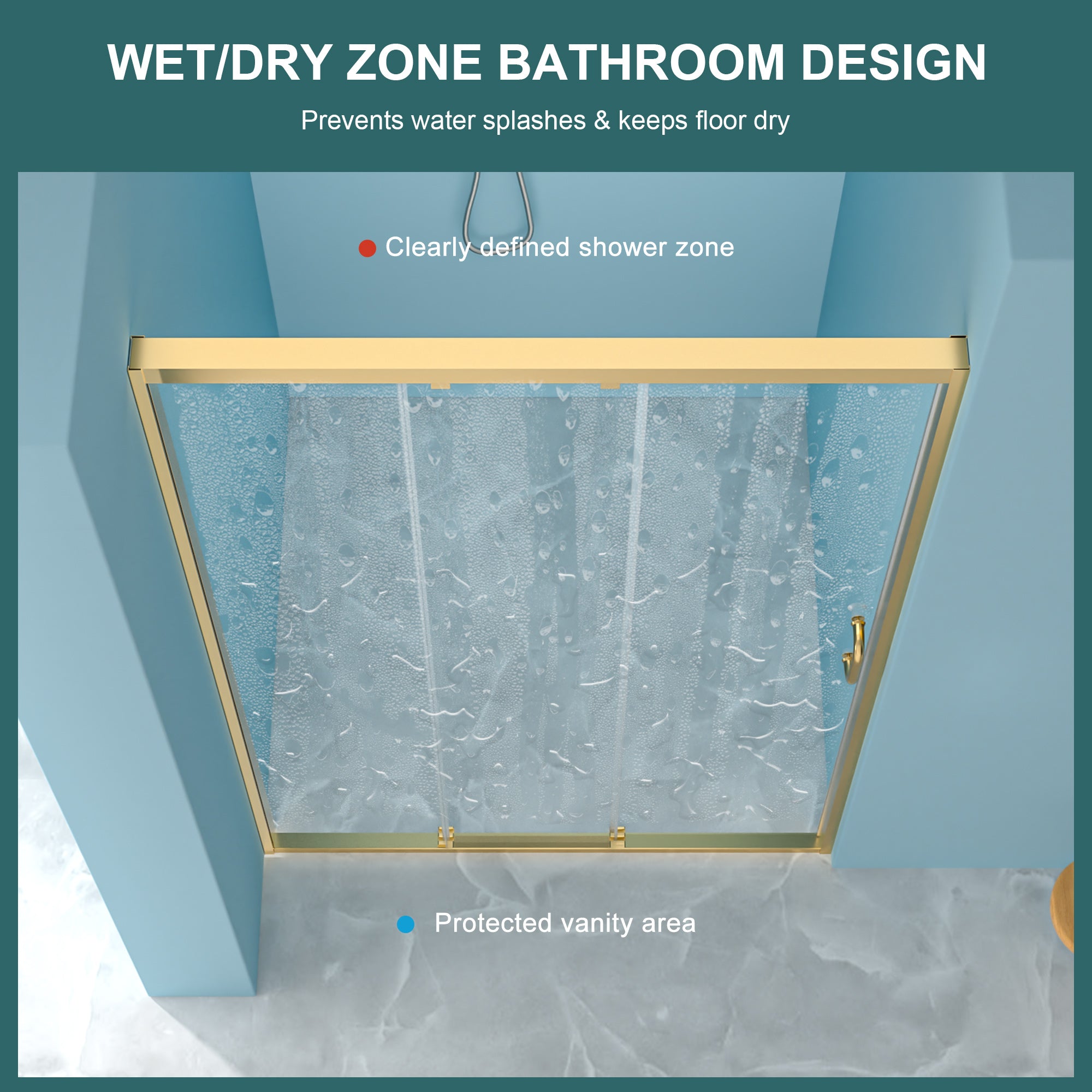 Triple bypass sliding shower door clear glass gold finish detail view