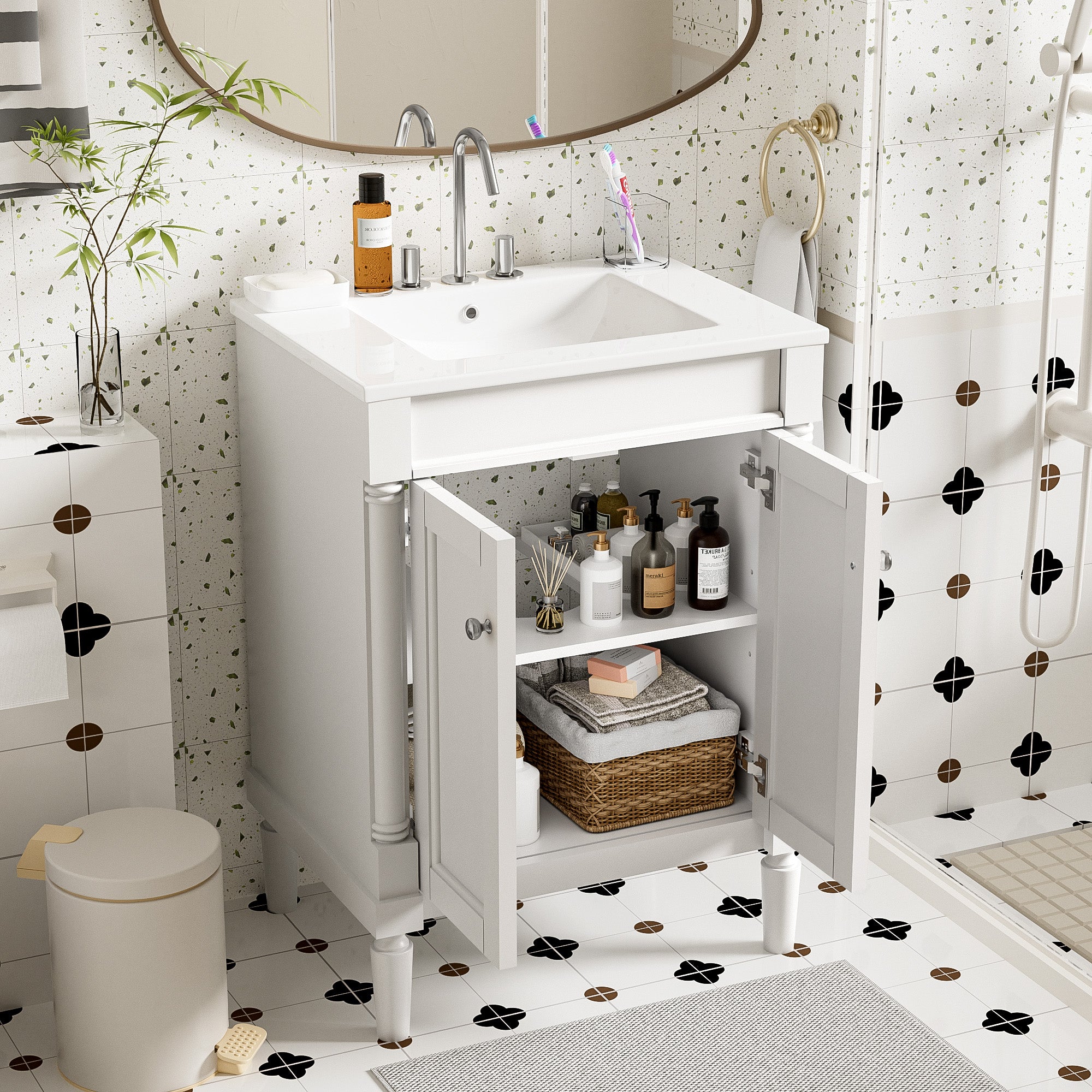 Modern 24 inch bathroom vanity with 2-tier storage cabinet, angled view