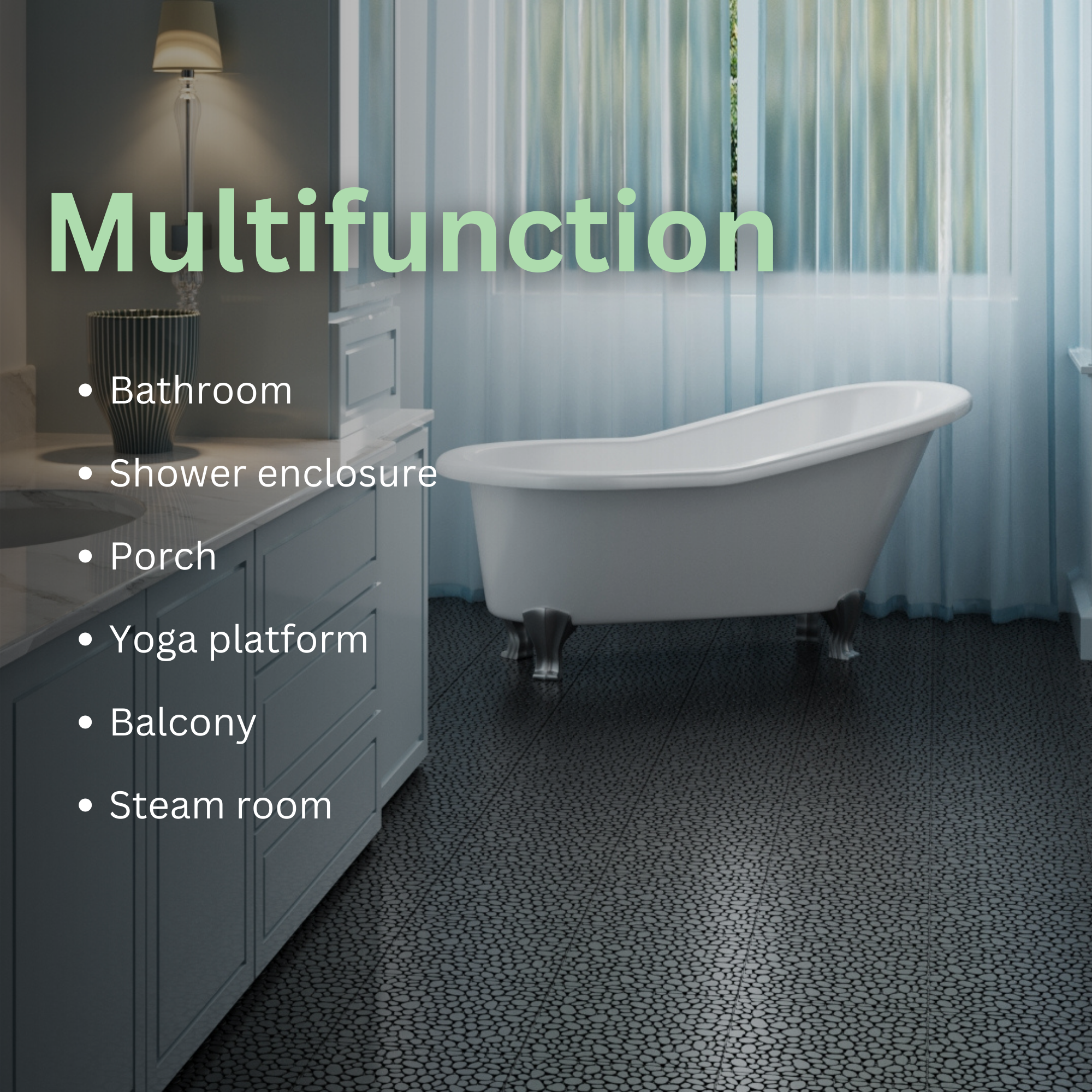 12 x 12 Inch Black Interlocking Deck Tiles Plastic Waterproof Outdoor All Weather Anti-slip Bathroom Shower Balcony Porch Strong Weight Capacity Upto 440 LBS, Pebble Stone Pattern Pack of 24