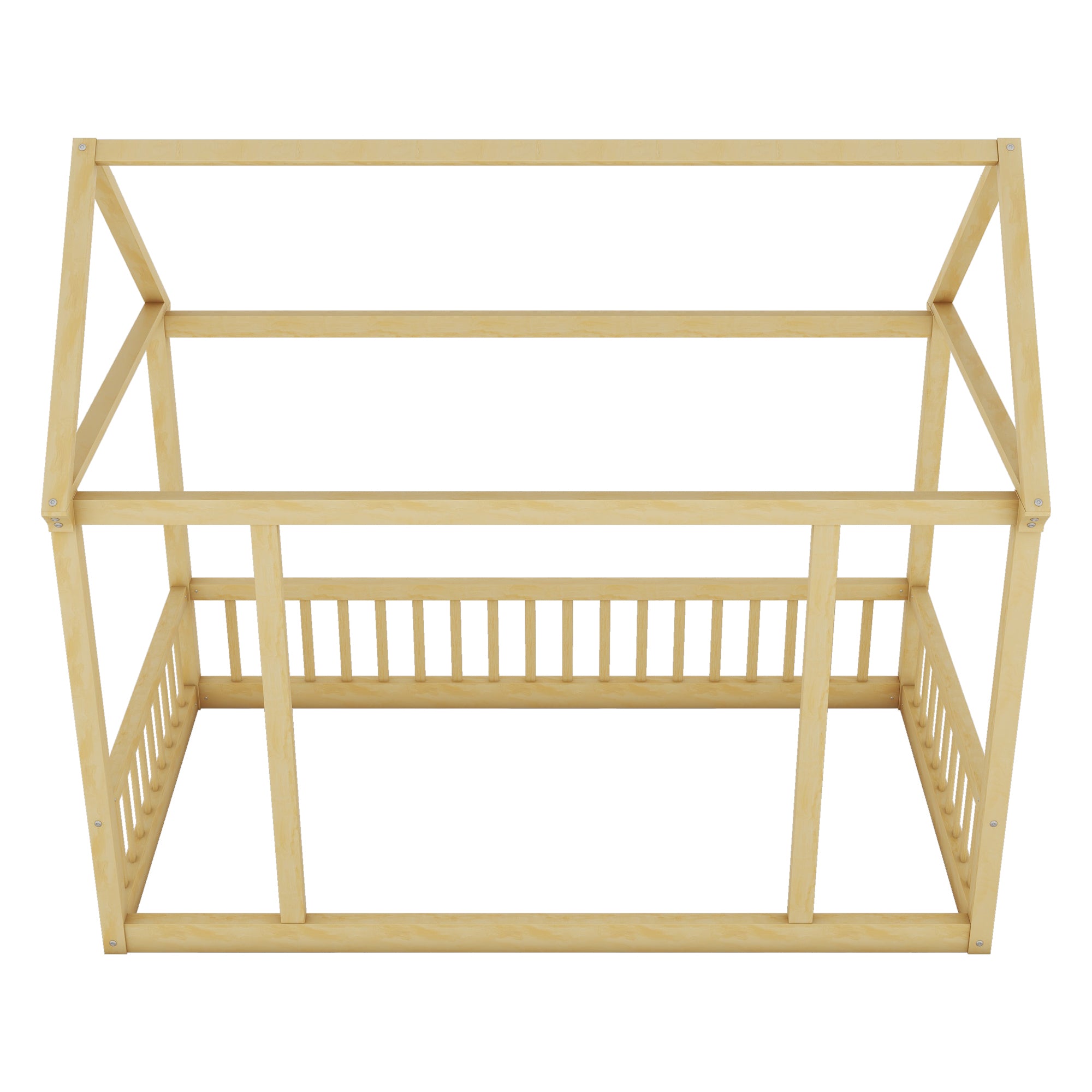 Twin Size Floor Wooden Bed with House Roof Frame and Safety Guardrails,Natural