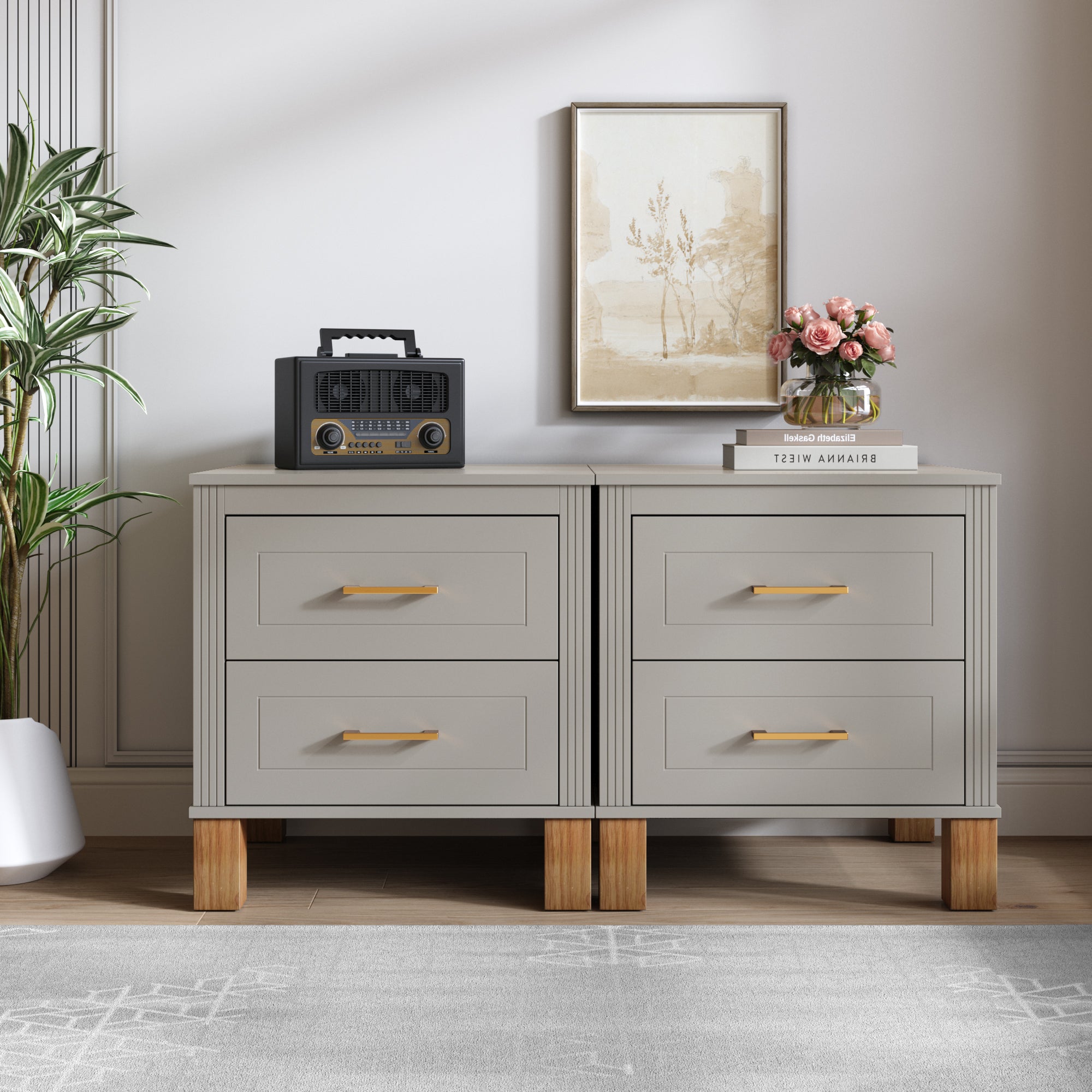 Gray tall bedside table fluted drawer front detail