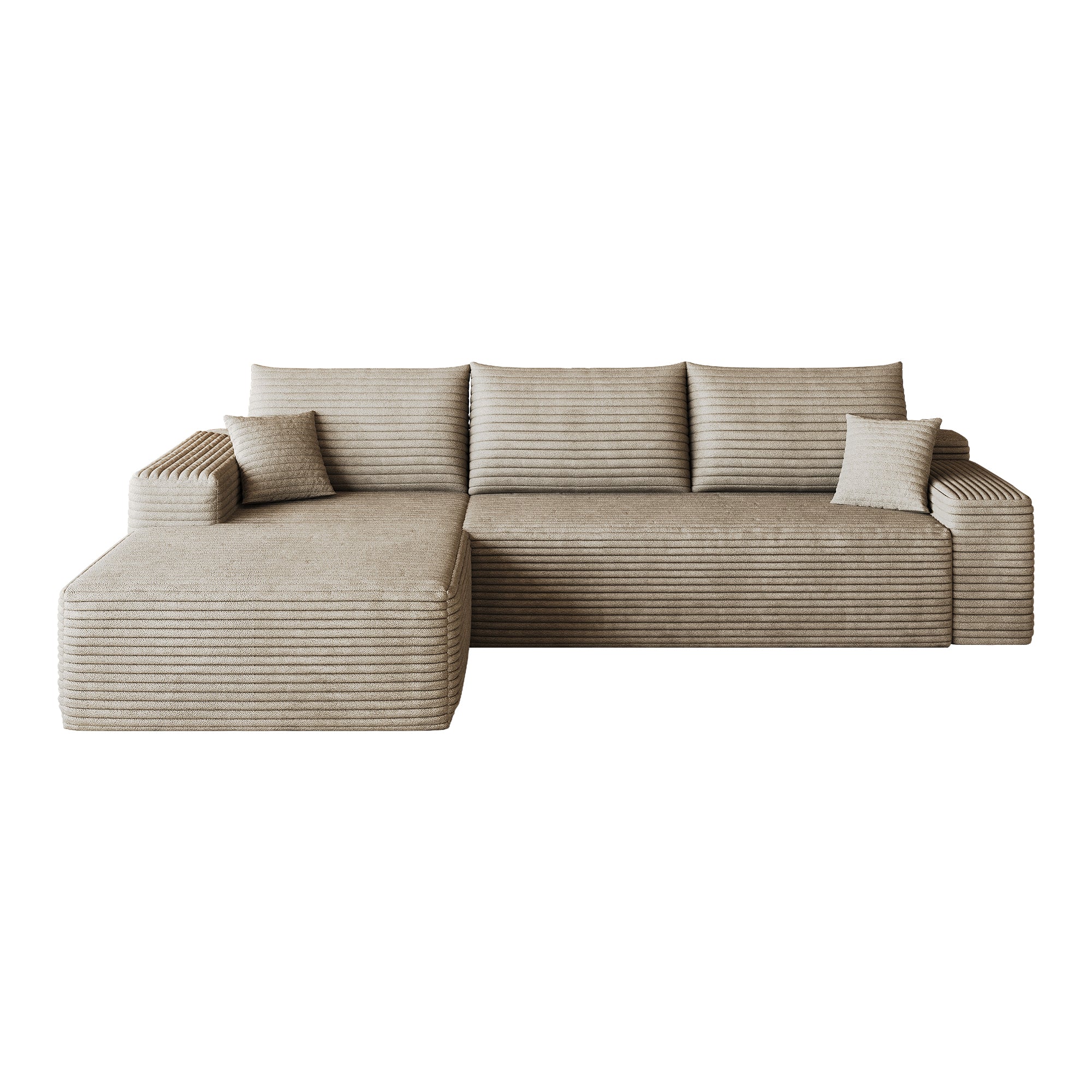 Camel plush corduroy L-shape sectional sofa, cushion close-up
