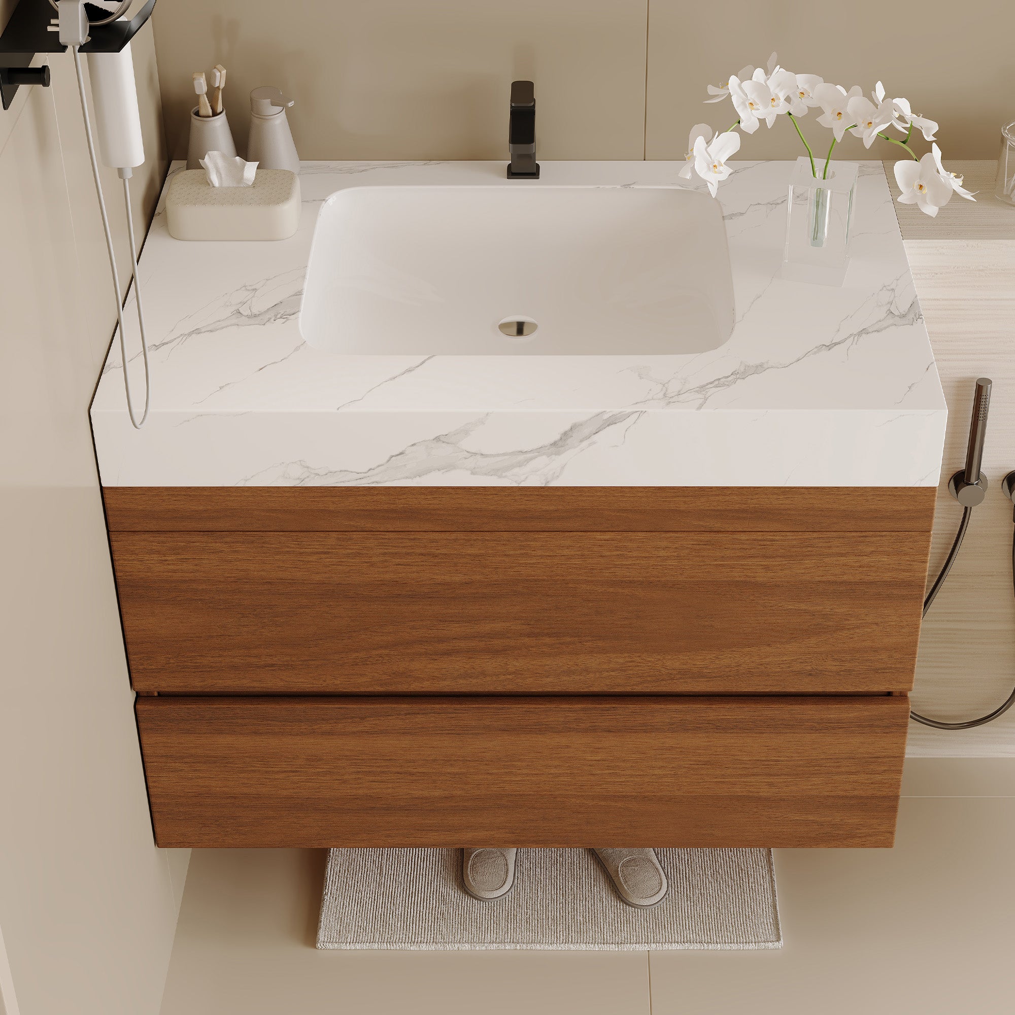 Wall-mounted modern bathroom vanity faux marble top, side profile view