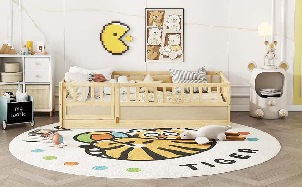 Twin Size Floor bed, integral construction with super high security barrier, door, children's floor bed frame, Montessori wooden children's floor bed, Support  slat Natural Wood