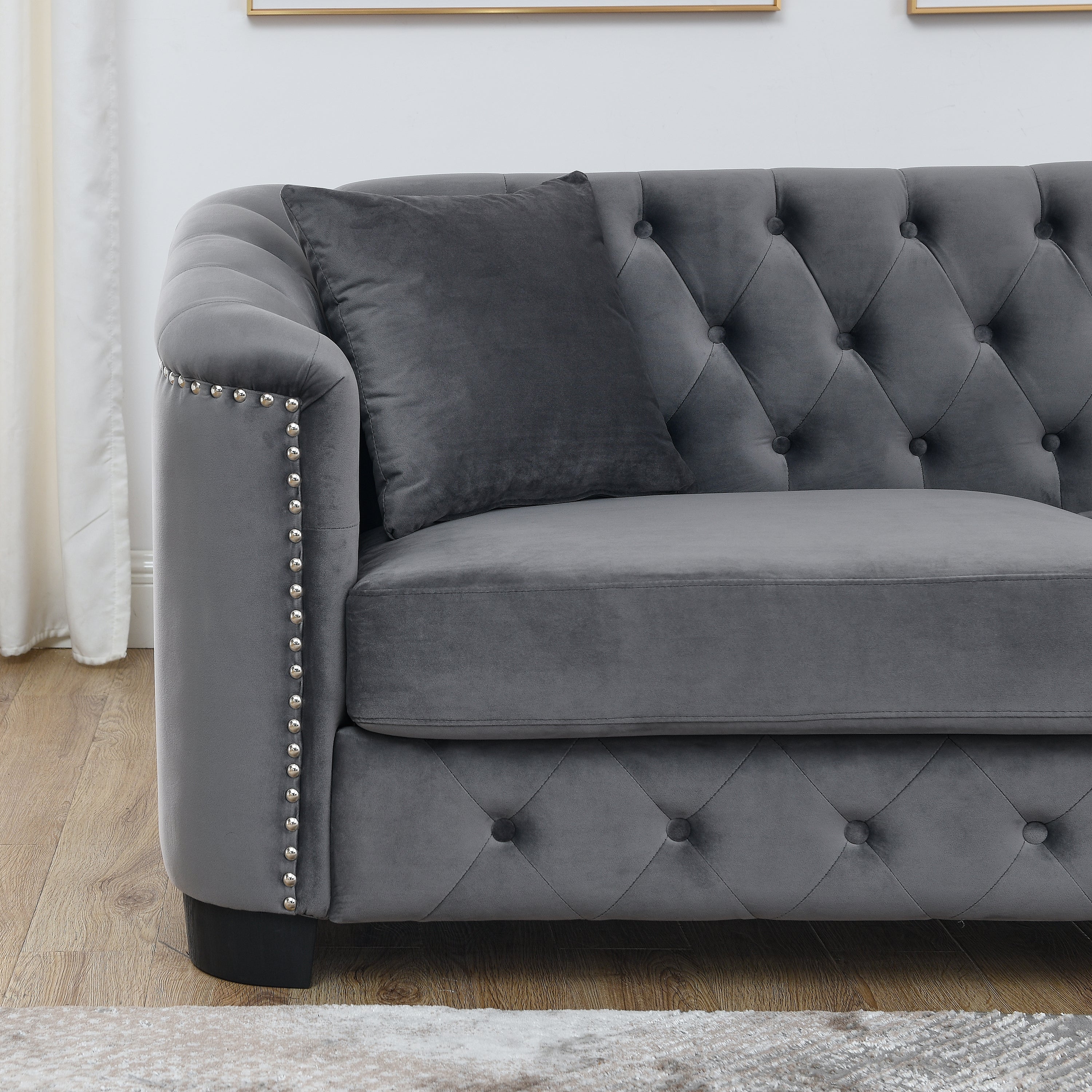 59-Inch Modern Chesterfield Velvet Sofa, 2-Seater Sofa, Upholstered Tufted Backrests with Nailhead Arms and 2 Cushions for Living Room, Bedroom, Apartment, Office (Grey)