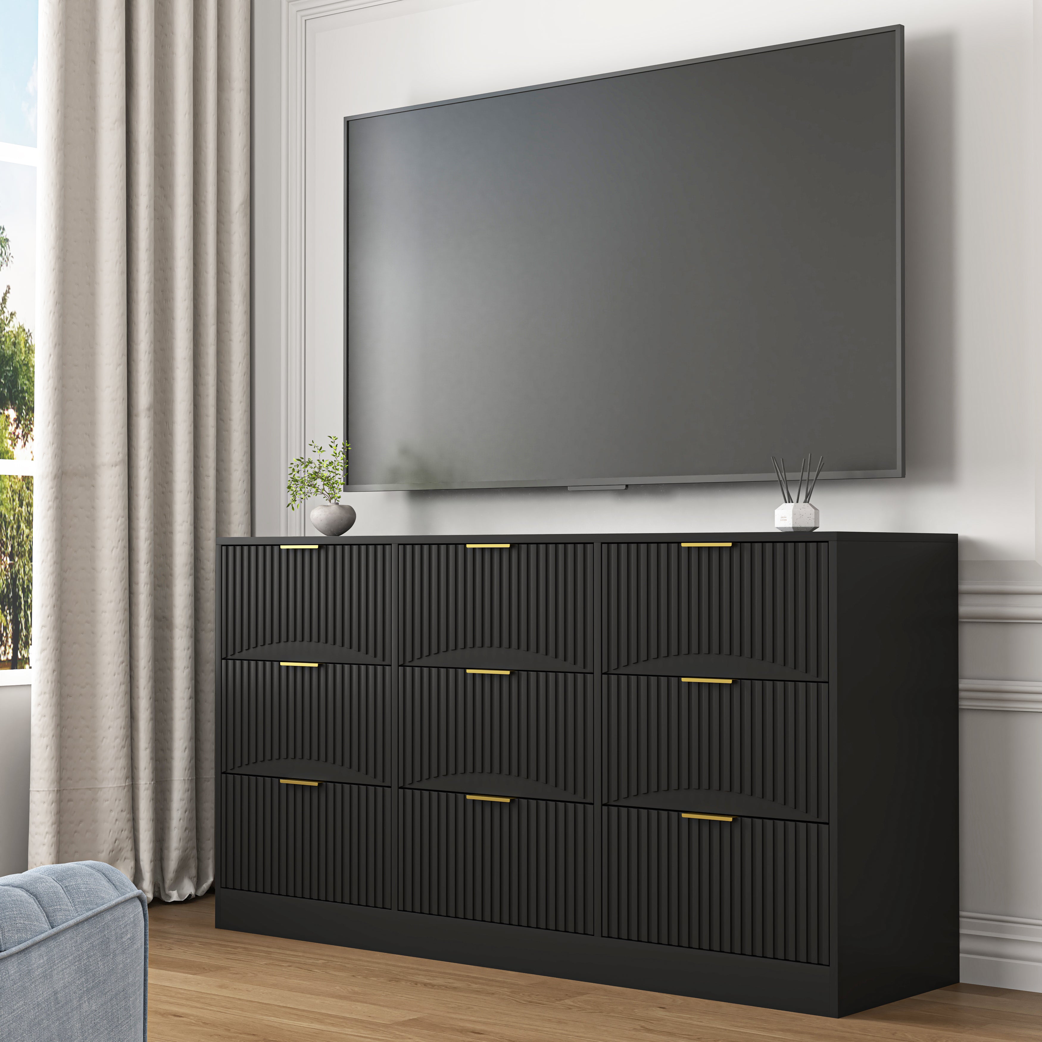 Black 63 inch chest of drawers black finish angled view