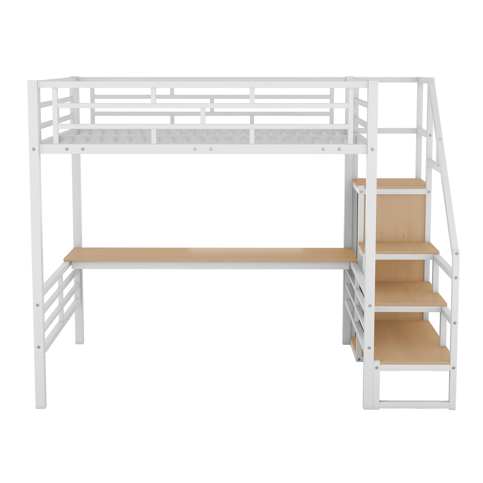Full Size Metal Loft Bed with Desk, Storage Staircase and Small Wardrobe, Storage stairs can be installed left and right, White
