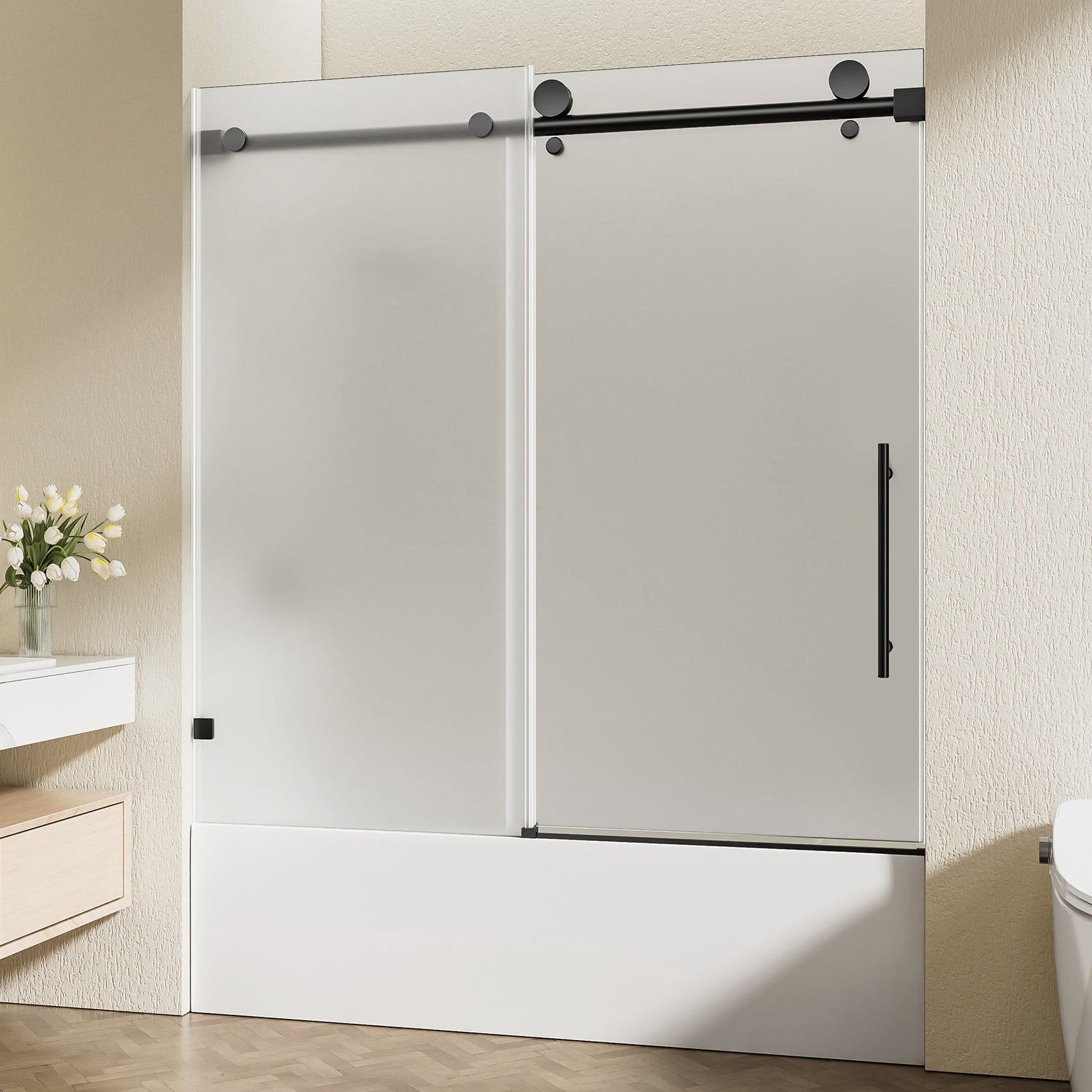 56-60 x 60 in Frosted Frameless Single Sliding Tub Door - 56-60 x 60 in / Frosted Glass / Matte Black view 1