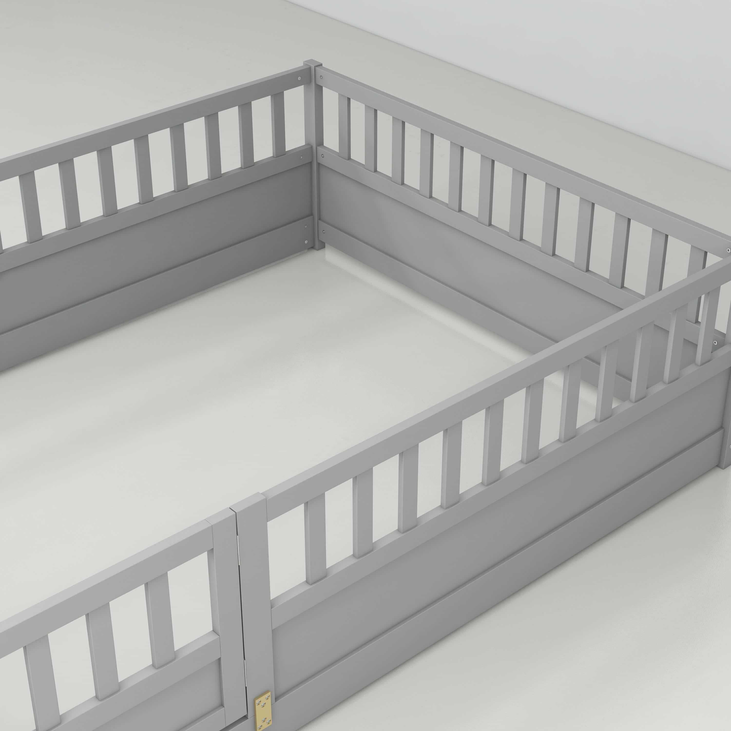 Full size Floor bed, integral construction with super high security barrier, door, children's floor bed frame, Montessori wooden children's floor bed, Grey