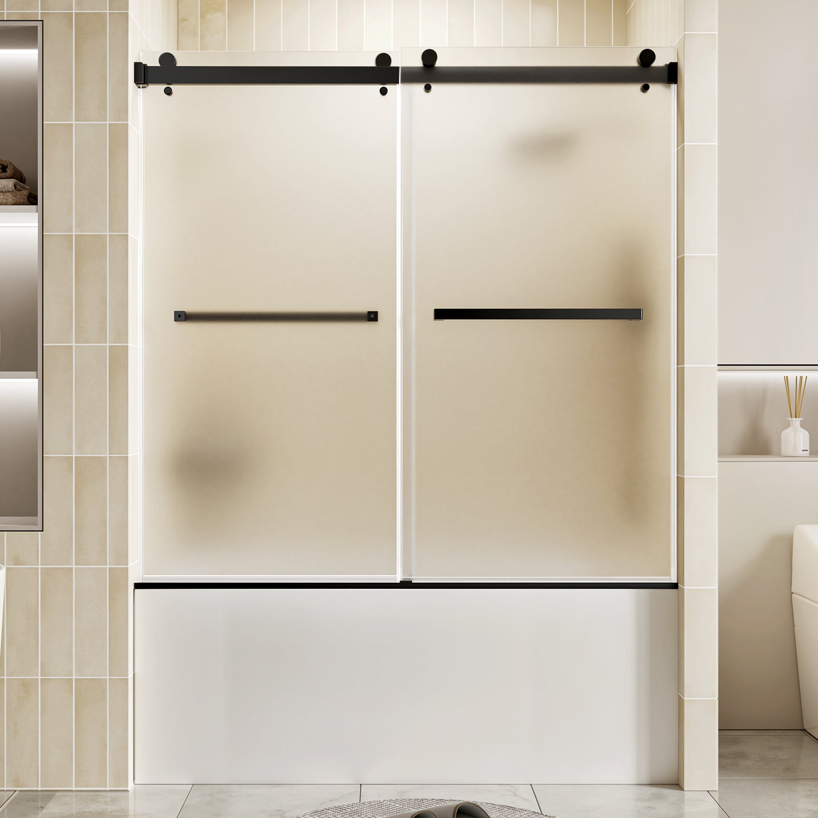 56-60 x 60 in Frosted Frameless Double Sliding Shower Door - 56-60 x 60 in / Frosted Glass / Matte Black view 1