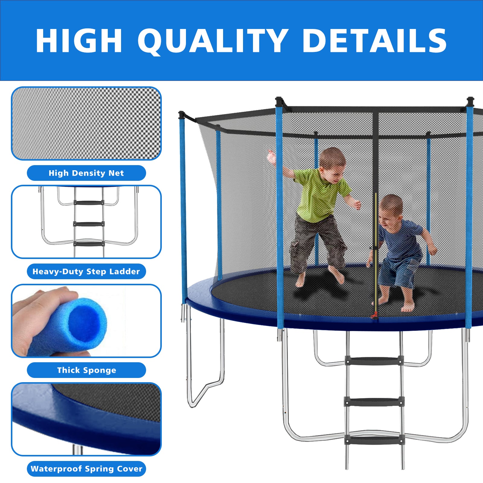 8ft Blue Outdoor Toddler Trampoline with Enclosure Safety Net Jumping Fun Trampoline, heavy-duty jump pads, spring-loaded for children and adults, Gifts for Boys/Girls
