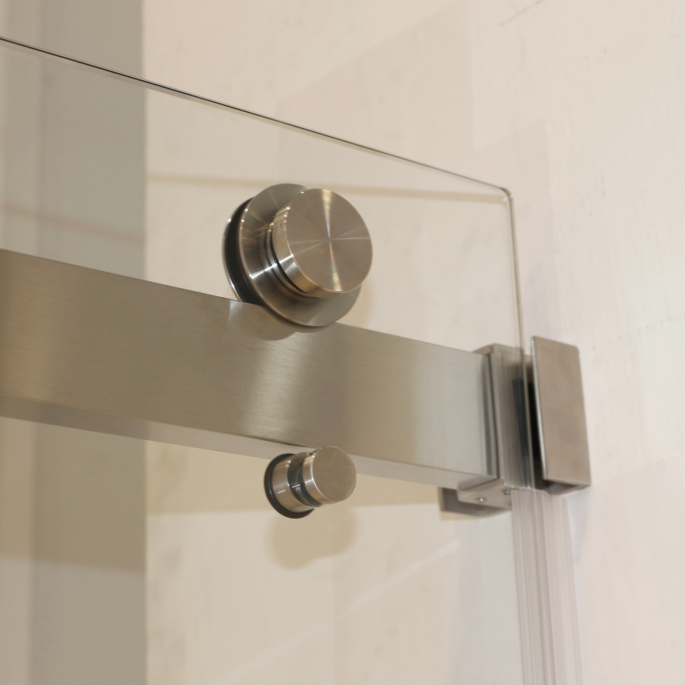 Frameless sliding shower door 72 inch tempered clear glass brushed nickel detail