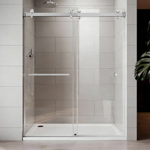 Frameless double sliding shower door 55-59 inch brushed nickel front view