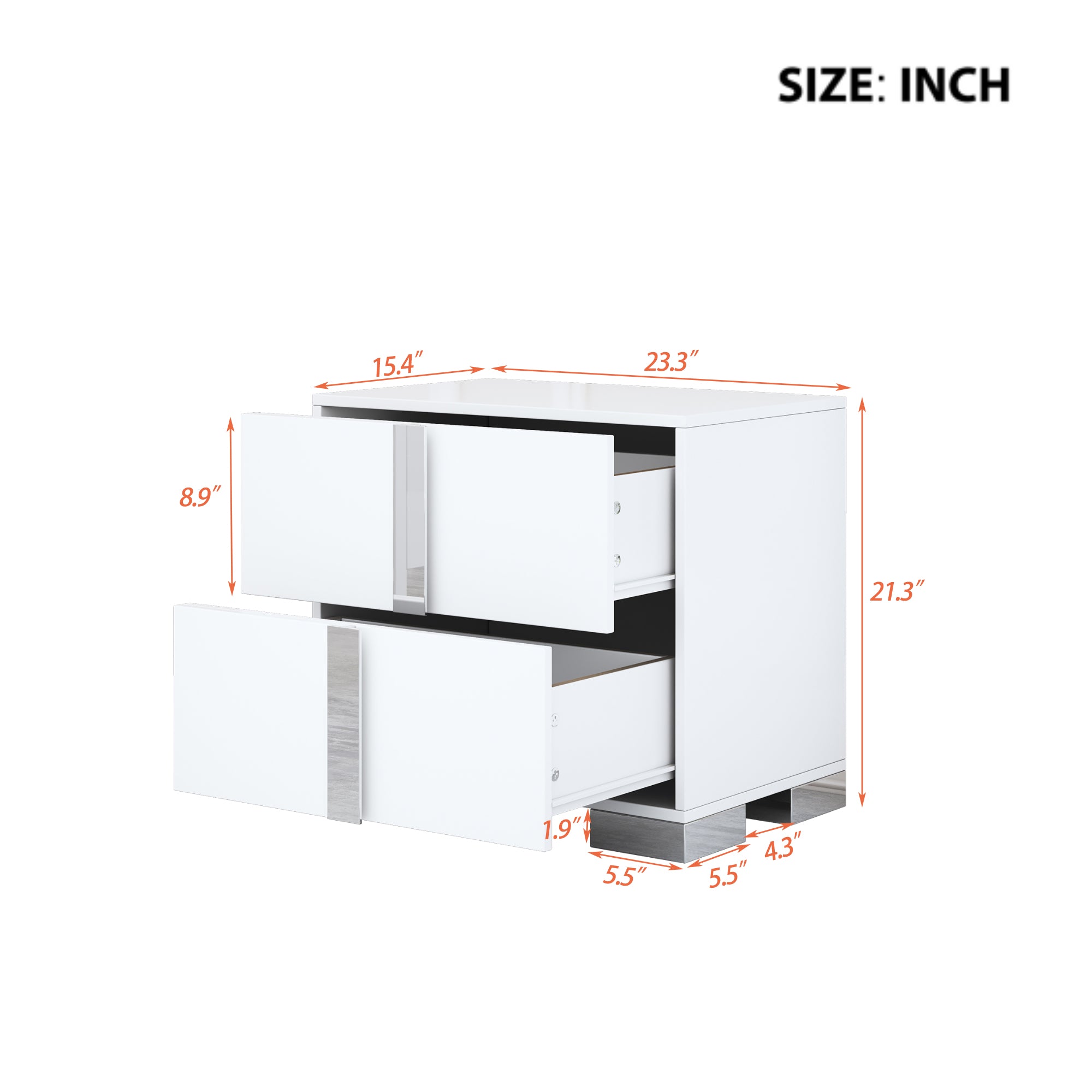 White mirrored 2-drawer nightstand, close-up finish detail