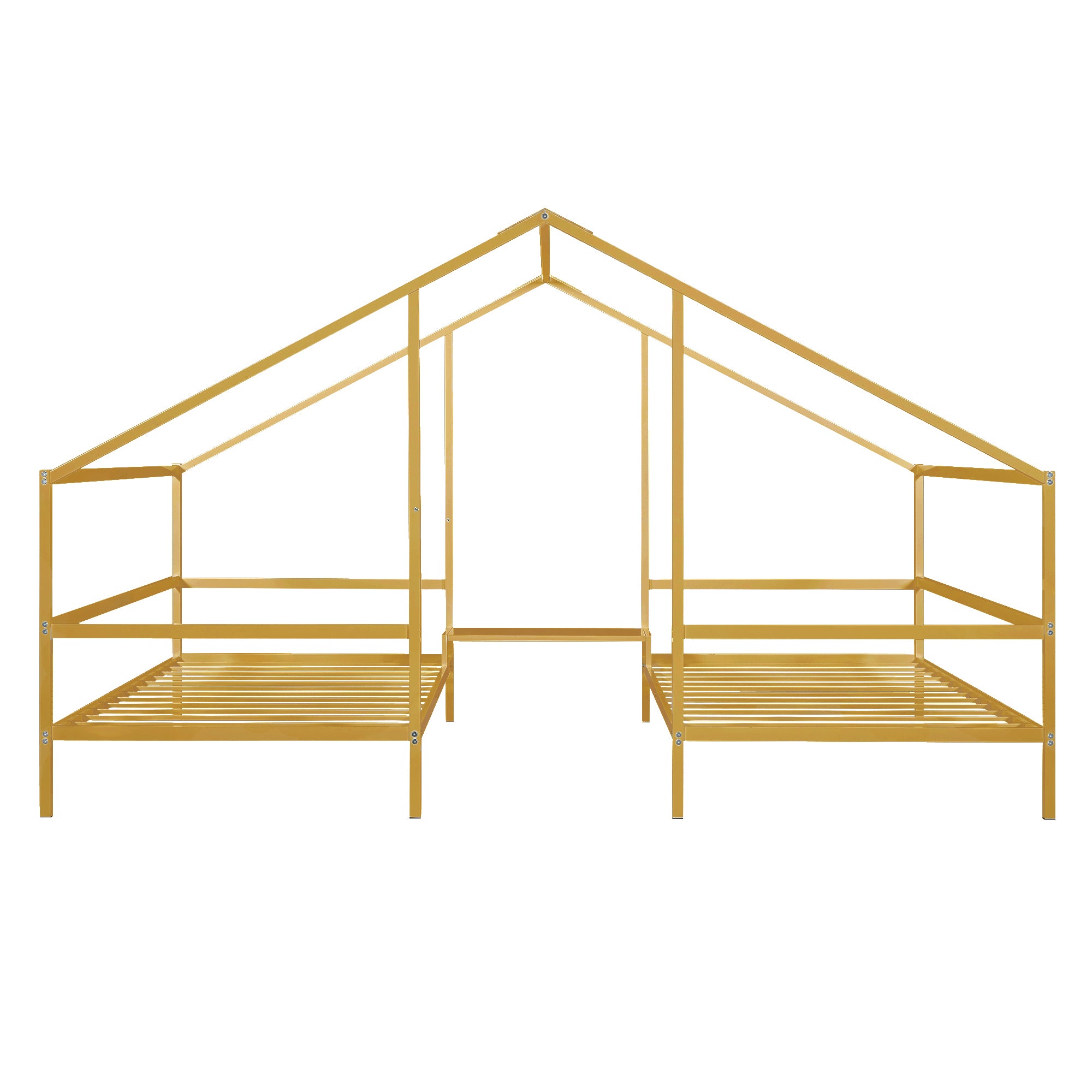 Metal Double Twin Size Triangular House Beds with Built-in Table, Gold