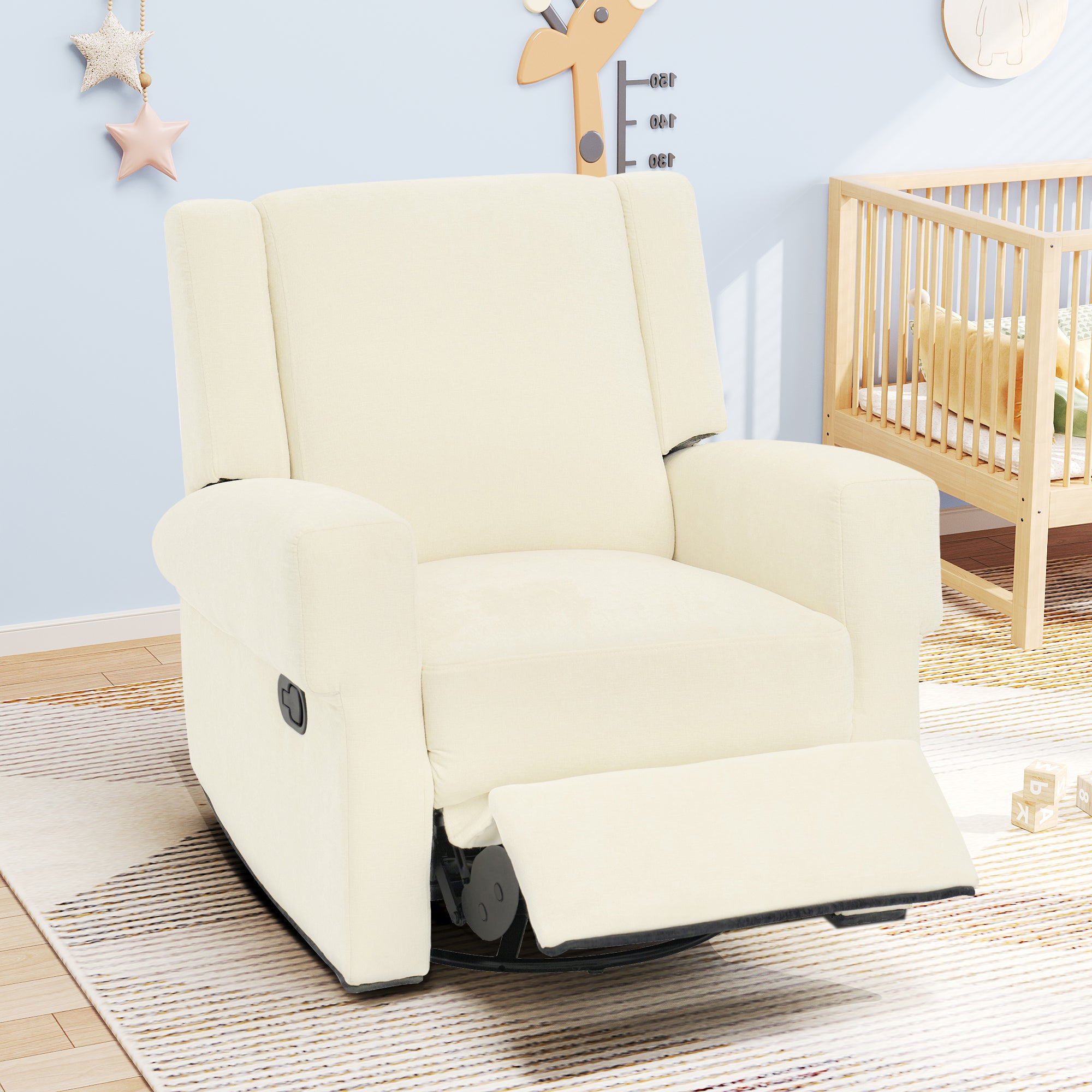 White swivel rocker recliner chair, back view