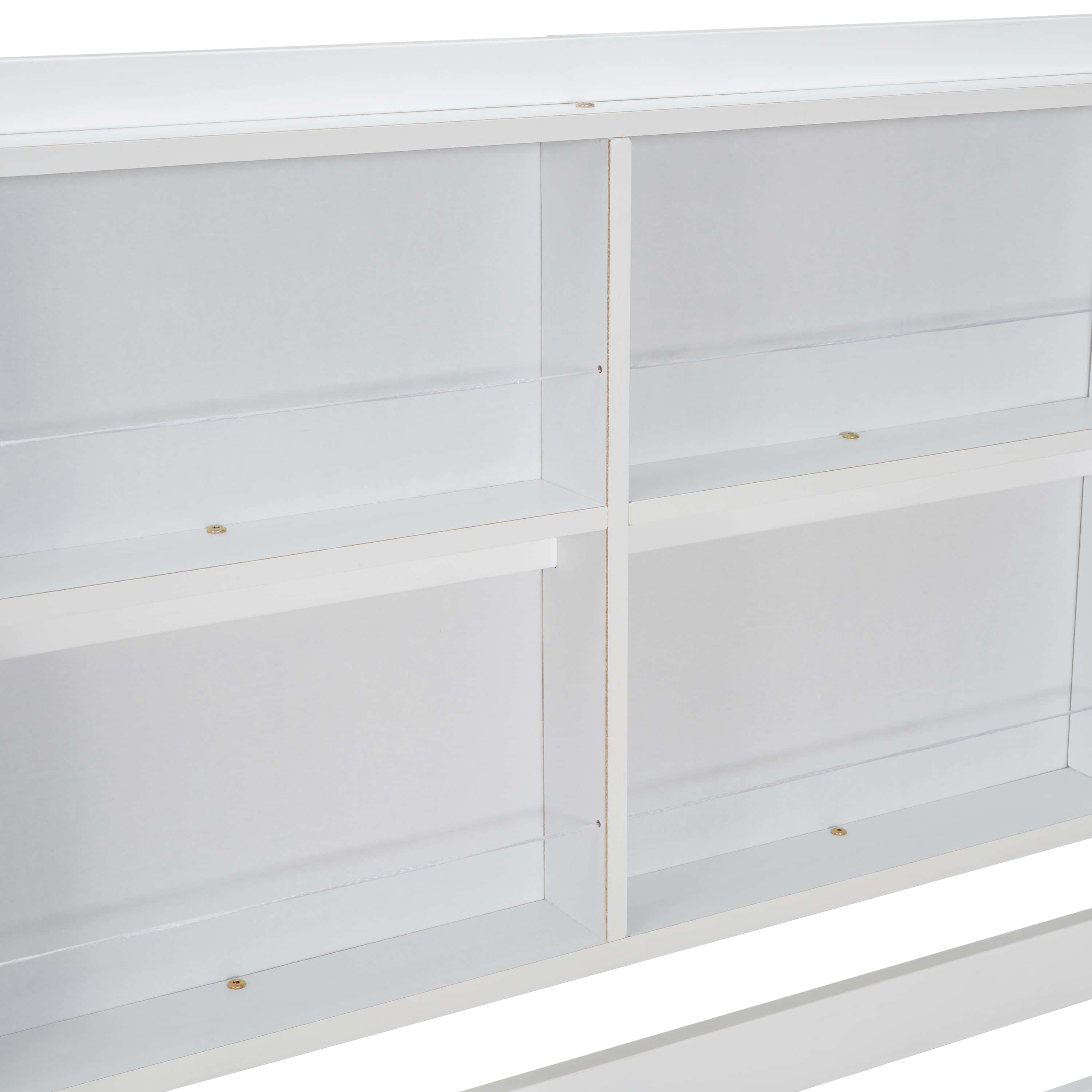 Twin Over Twin Low Bunk Bed with House Semi-enclosed Roof,Guardrails, Bedside Shelves and Ladder, White
