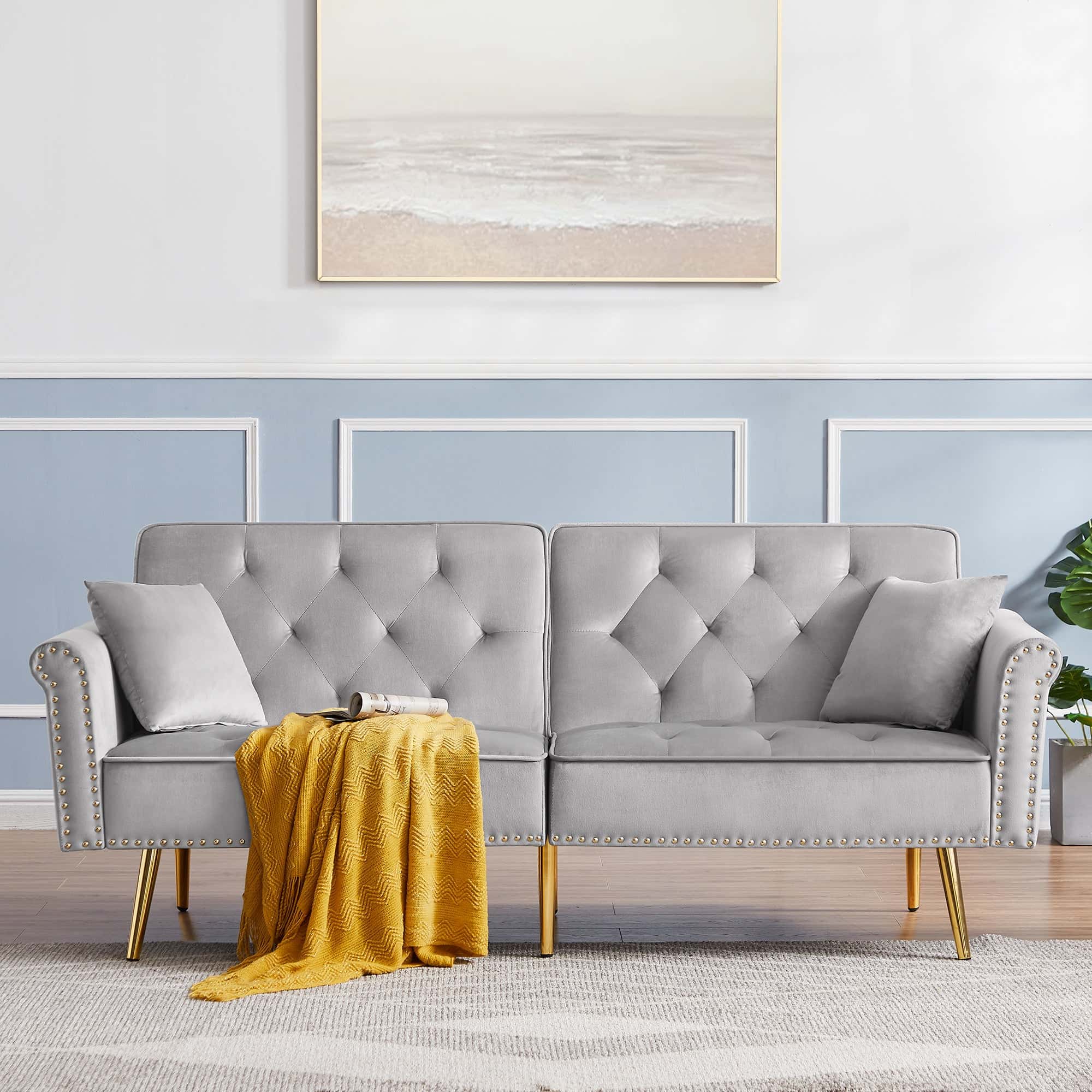 GREY Velvet Tufted Sofa Couch with 2 Pillows and Nailhead Trim