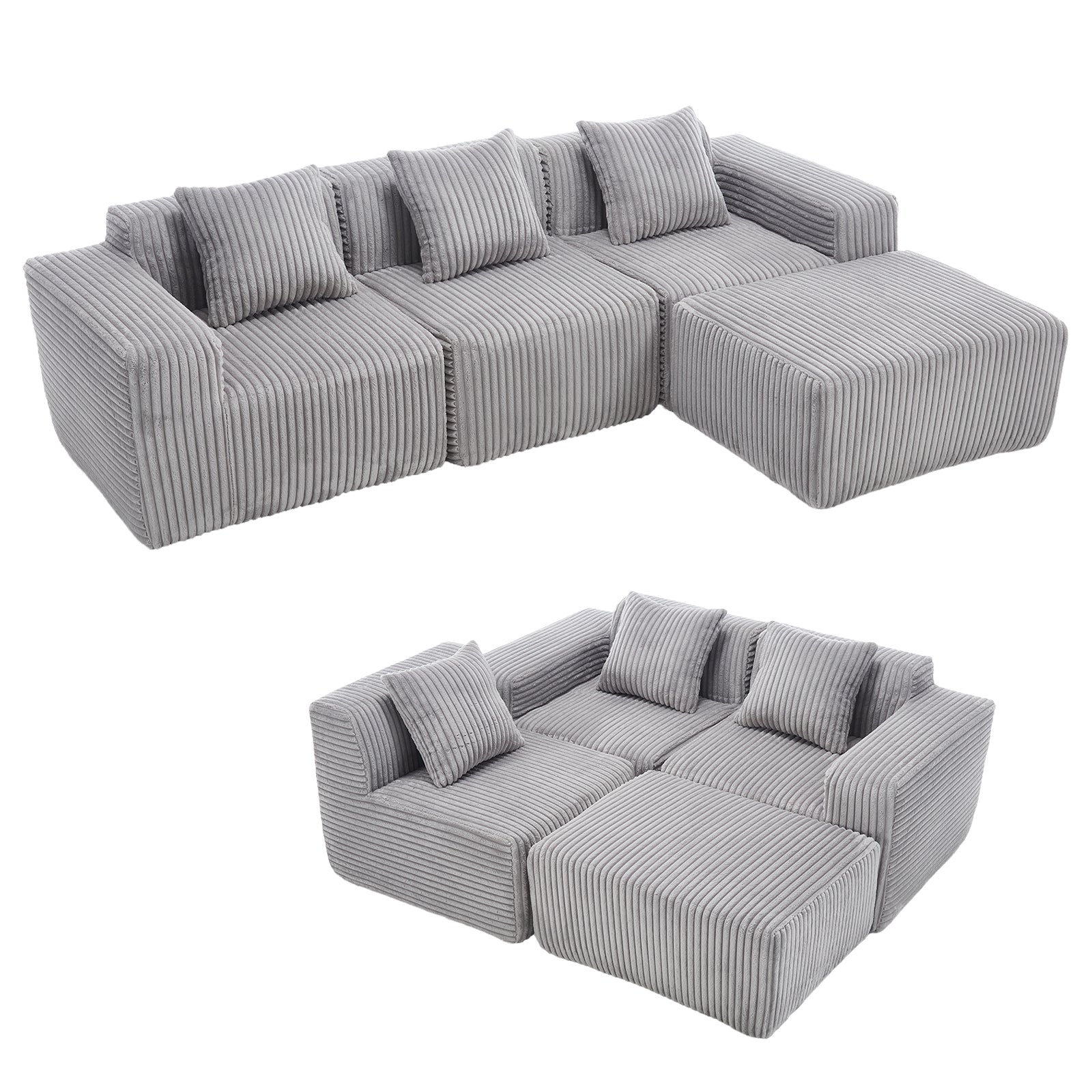 Modern Minimalist Modular Sectional Sofa,  L-Shape Upholstered Cloud Couch with Deep Seats, Right Facing Chaise for Living Room-Light Gray