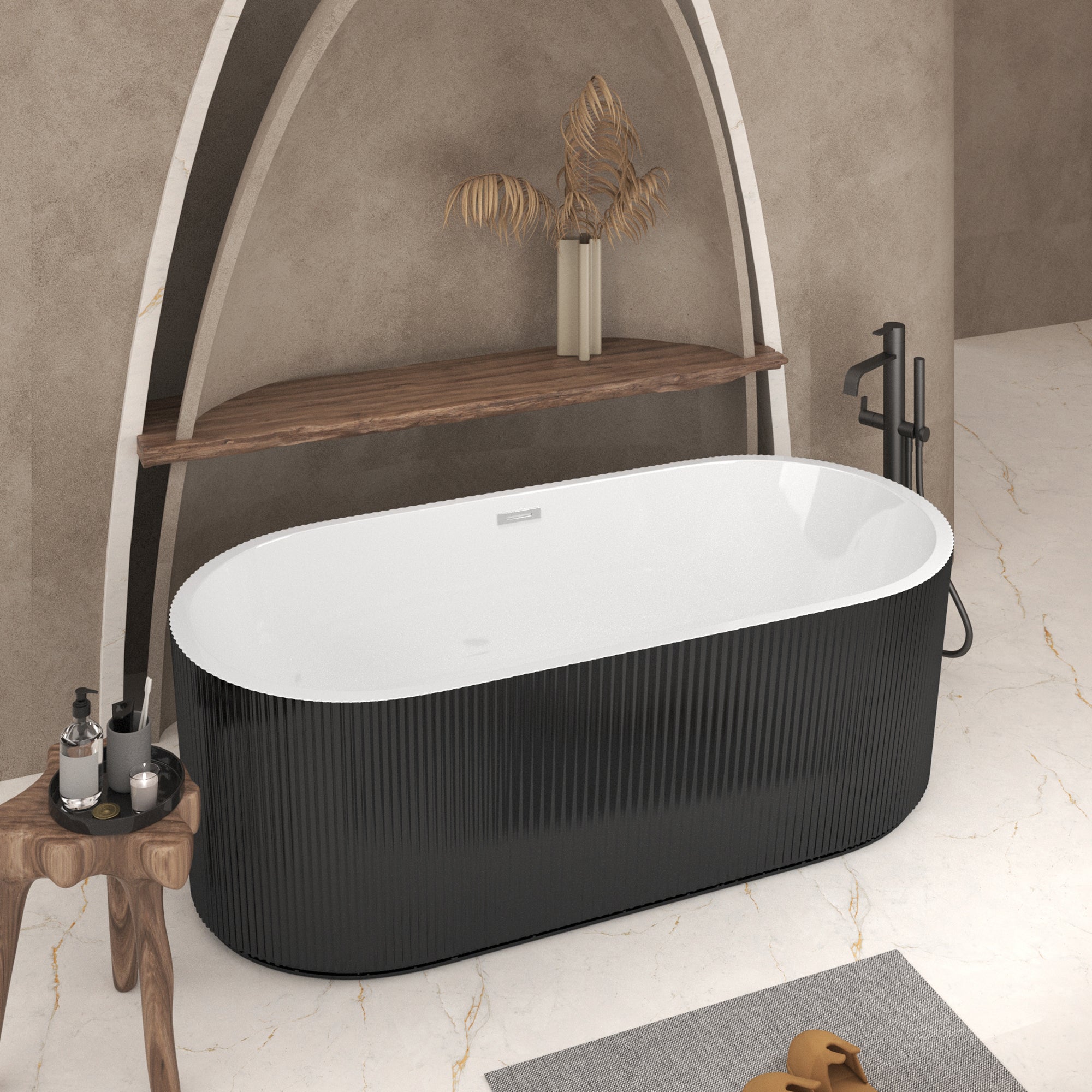 Linear acrylic freestanding bathtub in glossy black, end view