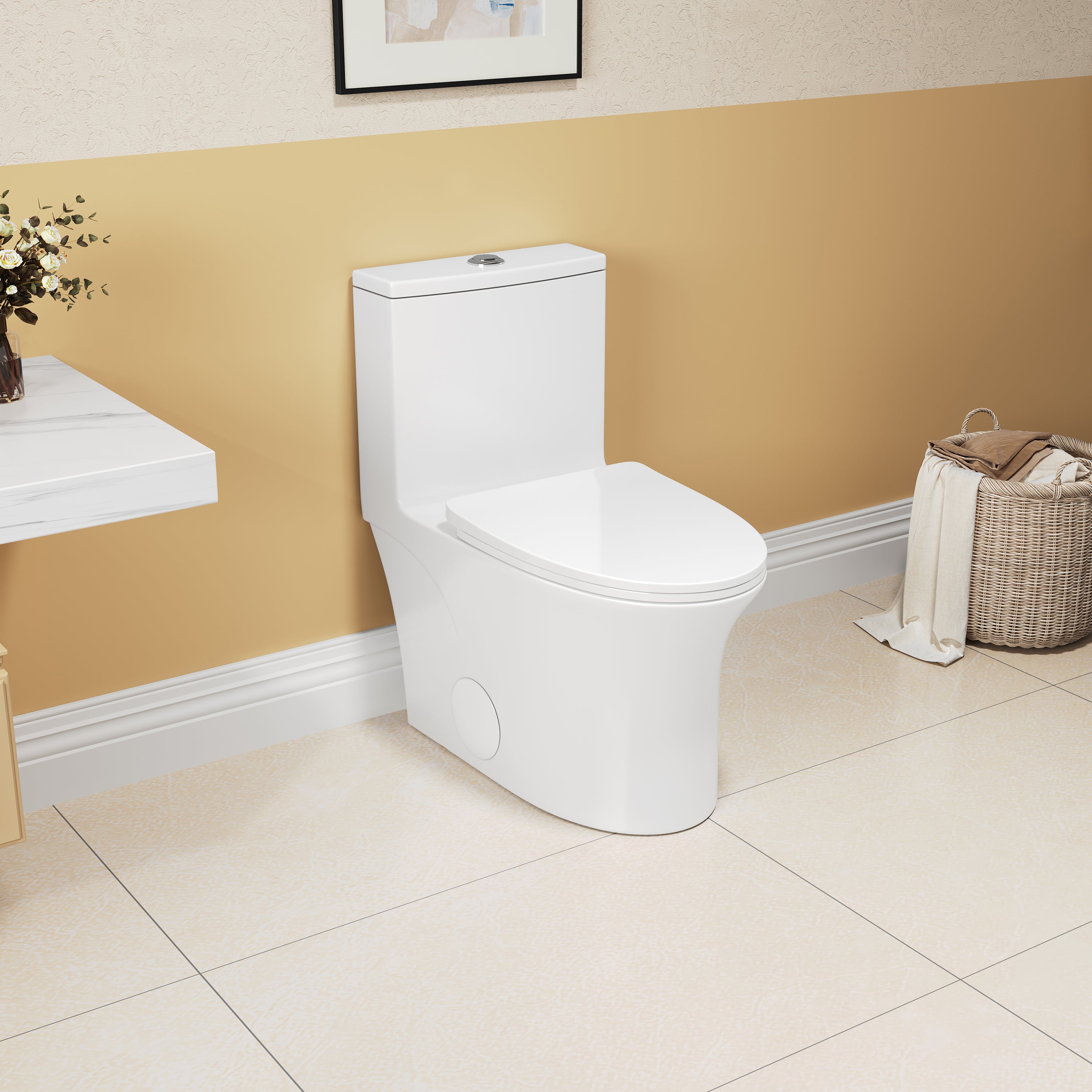 1.1/1.6 GPF Elongated Comfort Height Floor Mounted One-Piece Toilet, CUPC Certified, WaterSense Cetified, Ceramic, White Color, Soft Close Seat T039WT