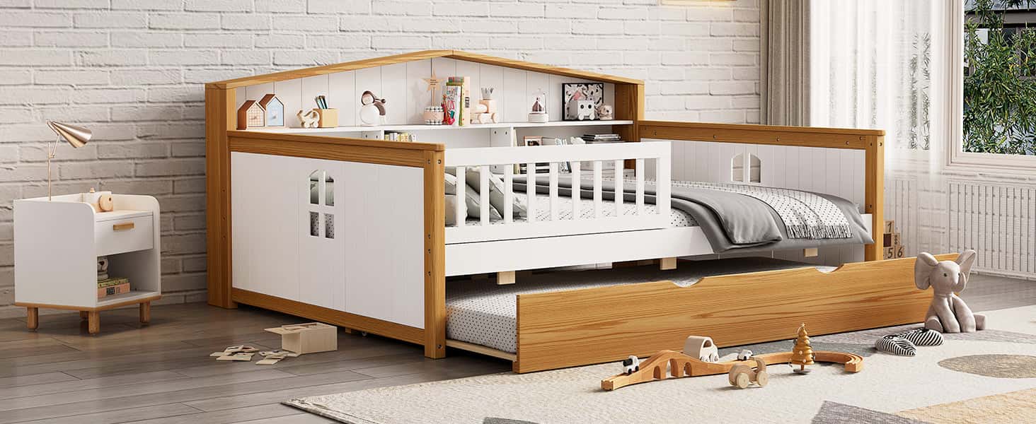 Full Size House Shape Daybed with Trundle and Bookcase Headboard Wooden Bed for Girls Boys Teens, No Box Spring Needed, Walnut and White