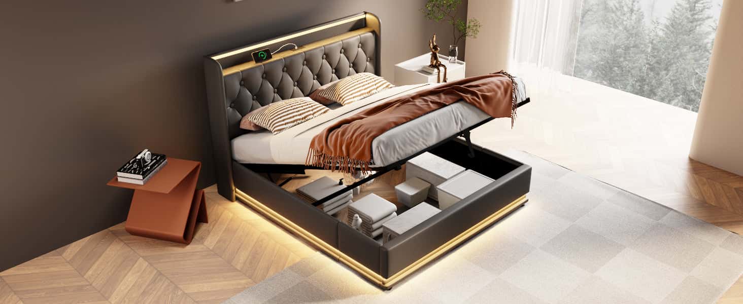 Queen size Upholstered bed, 360 surround LED function, Buttons/Apps/Remote Control, hydraulic storage bed with USB Type-C charging, Black,PU (Without mattress)