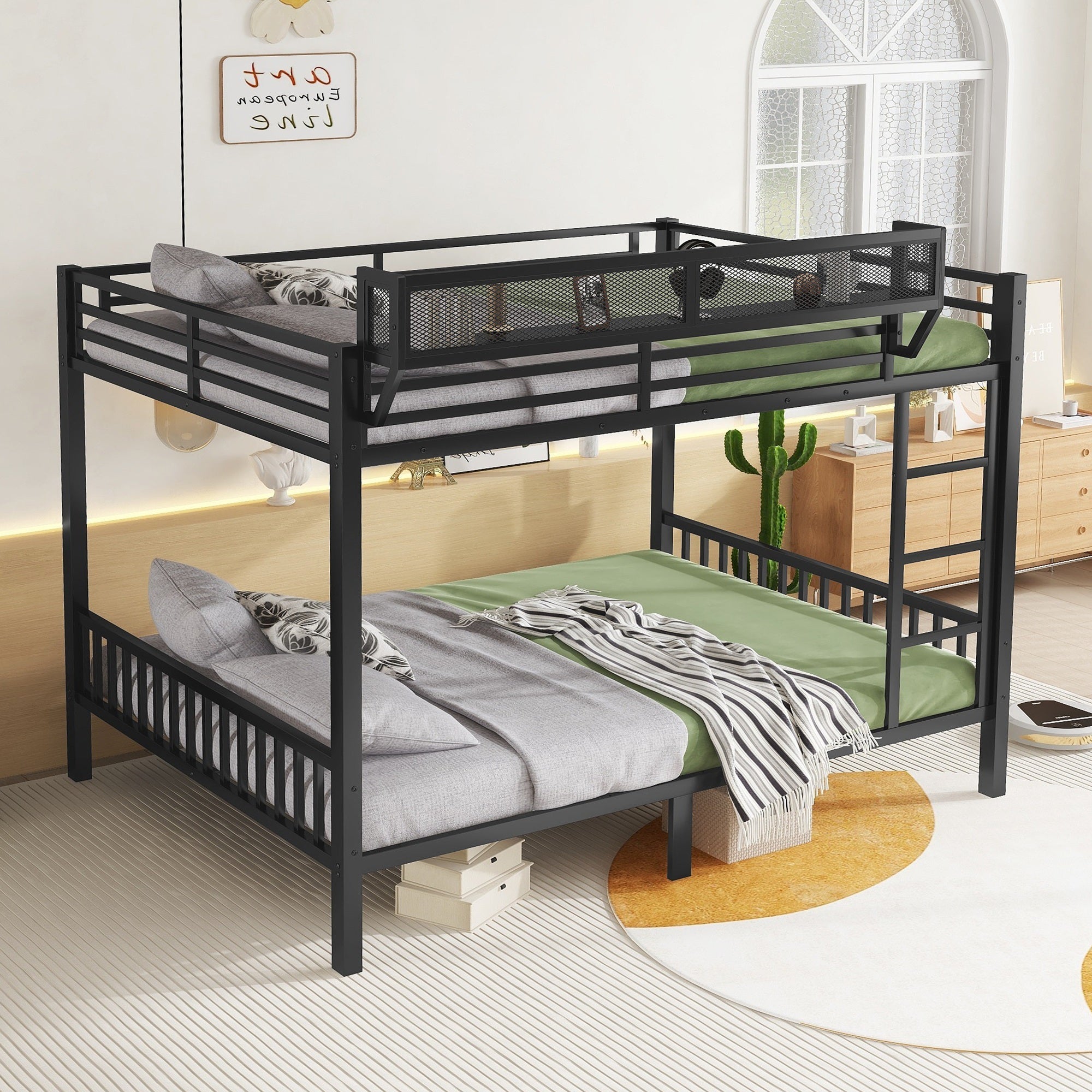 Upper guardrail and storage shelf detail on queen bunk bed
