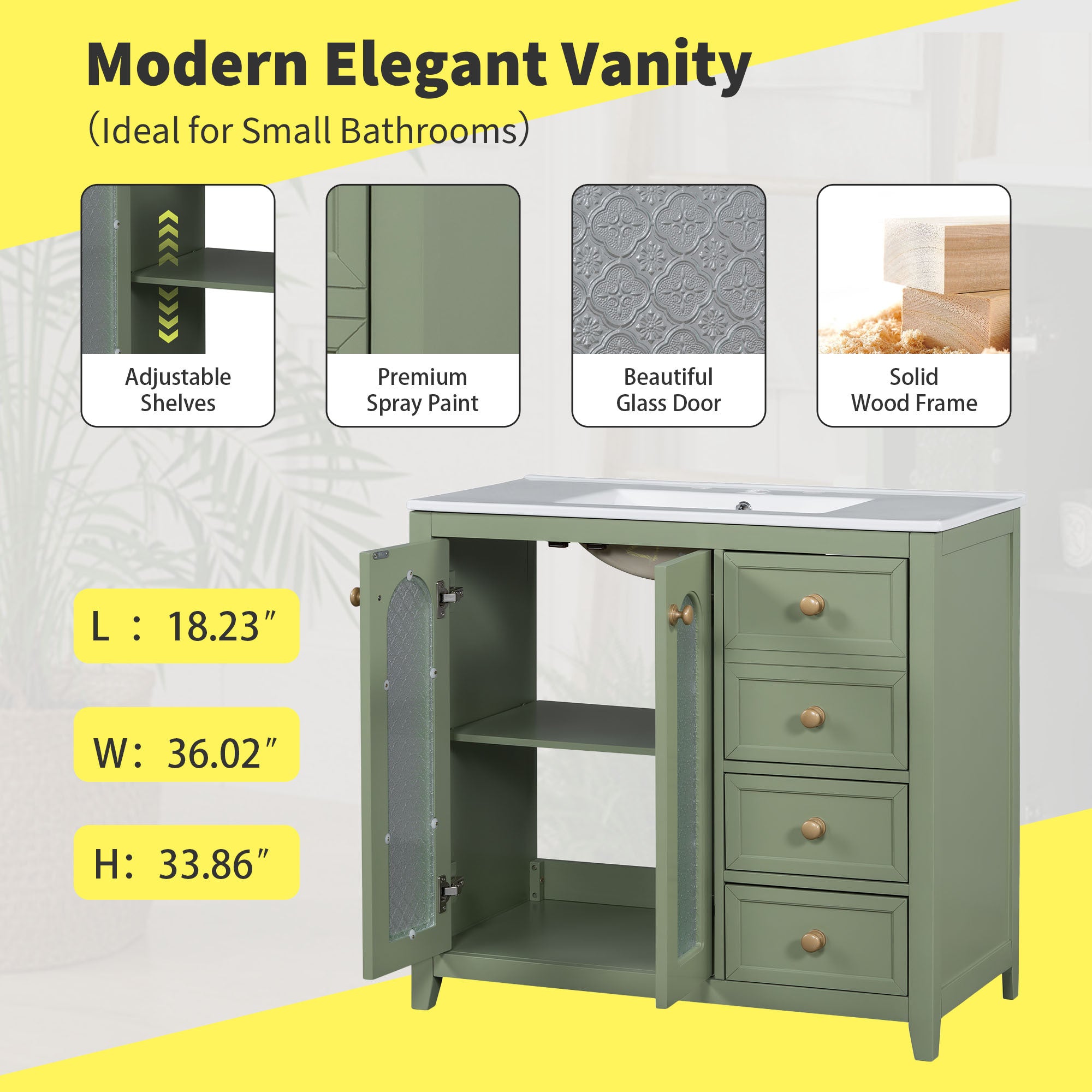 36-inch bathroom vanity with two soft close doors, adjustable shelves and three drawers