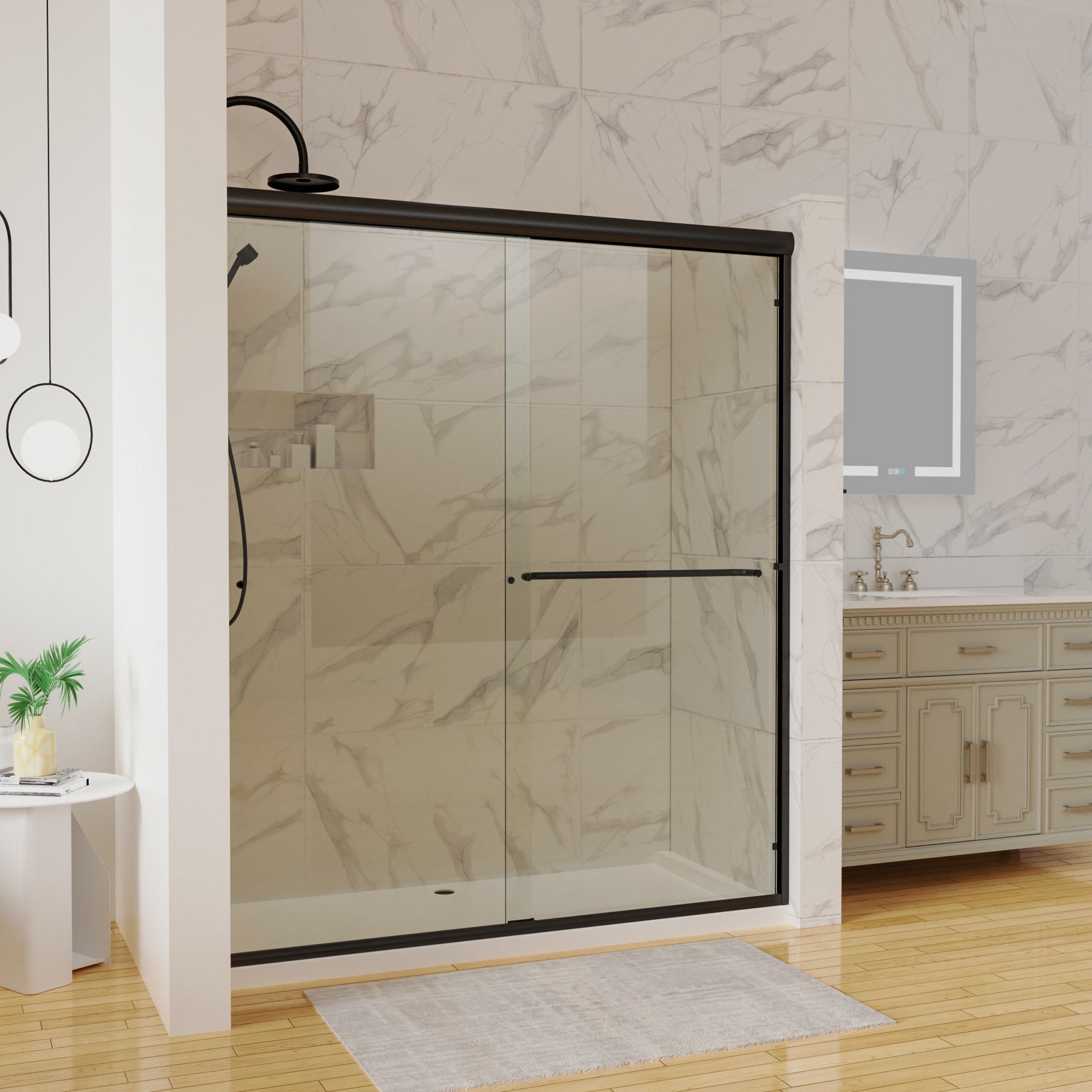 60 in. x 70 in. Traditional Sliding Shower Door in Matte black with Clear Glass