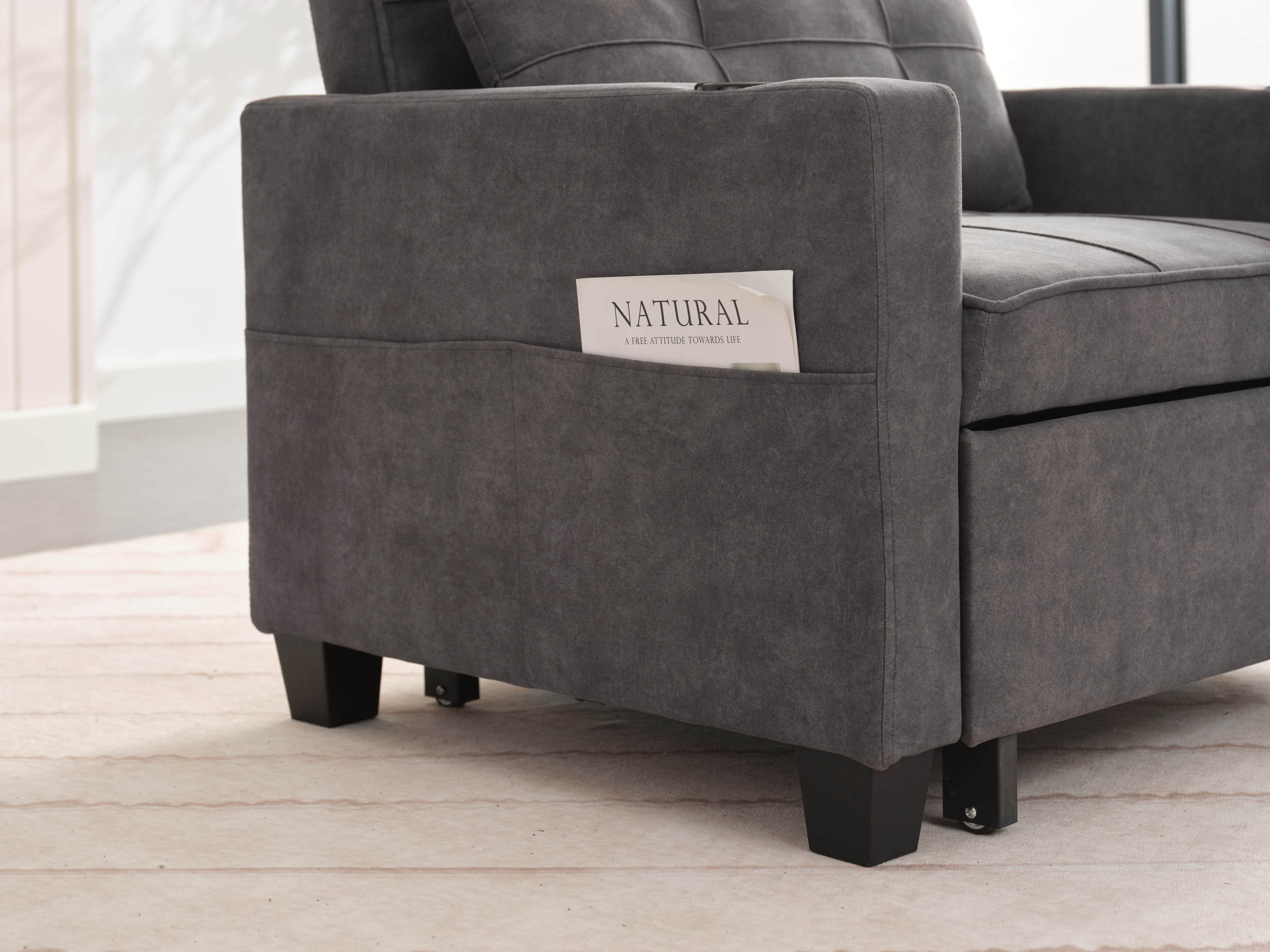 Futon Chair Bed Convertible Chair 3-in-1 Pull Out Sleeper Chair Beds with USB Ports,Wear-resistant and Anti-scratch, Armchair Bed Sleeper for Living Room (Dark Grey Scratch Cloth)