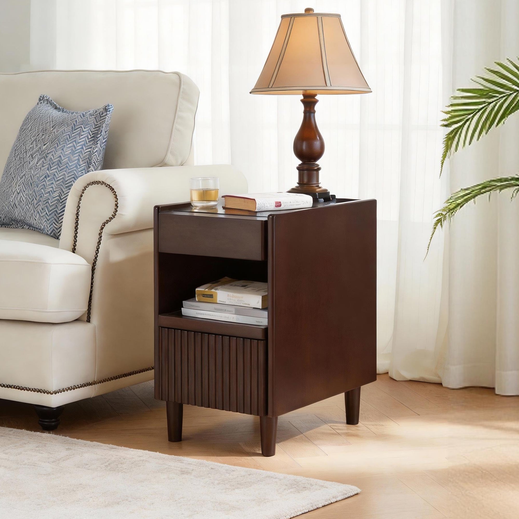 Narrow wooden nightstand as living room side table, wood-tone finish, styled view